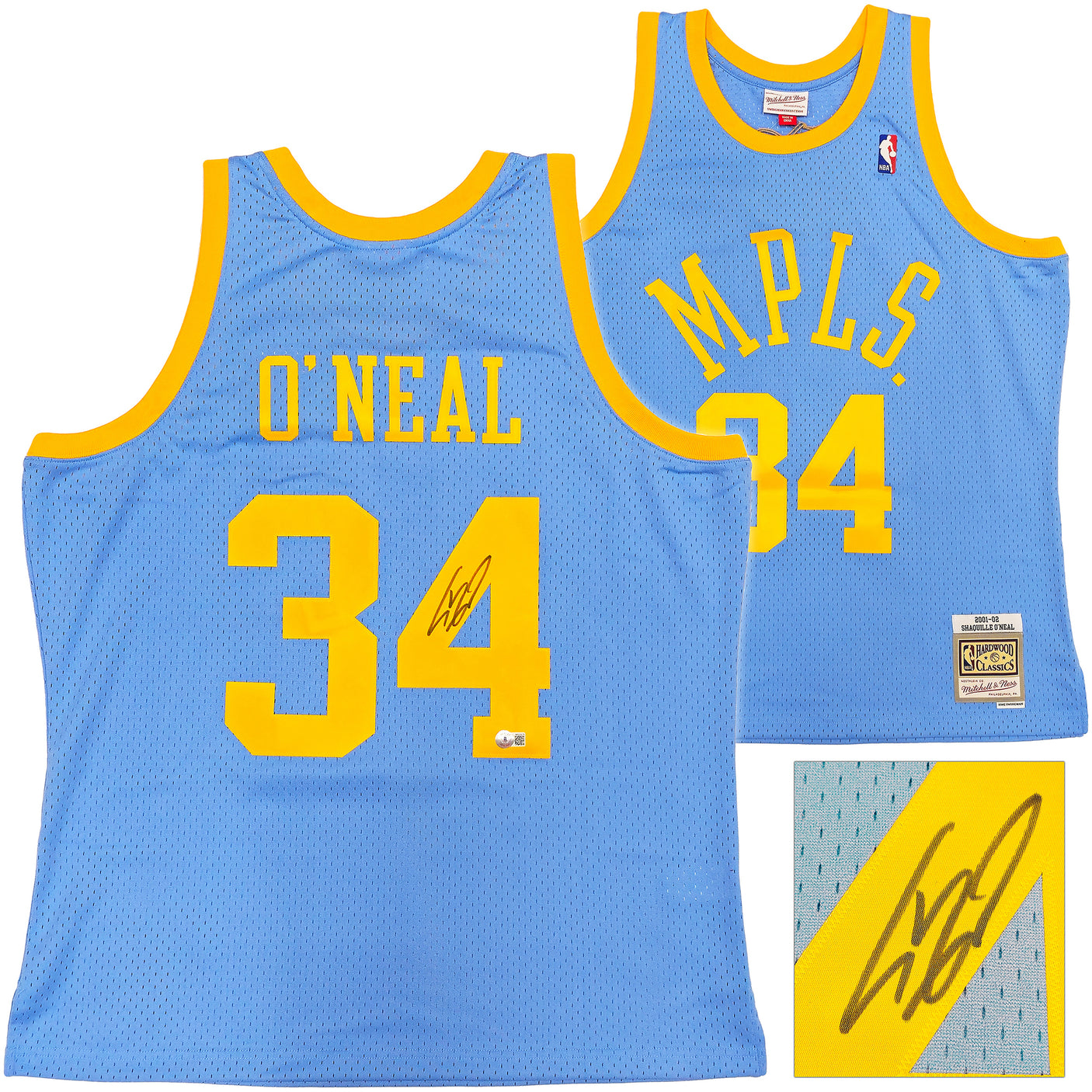 Los Angeles Lakers Shaquille Shaq O'Neal Autographed Baby Blue Authentic Mitchell & Ness 2001-02 HWC Swingman Jersey Size XL Beckett BAS Witness Stock #235516