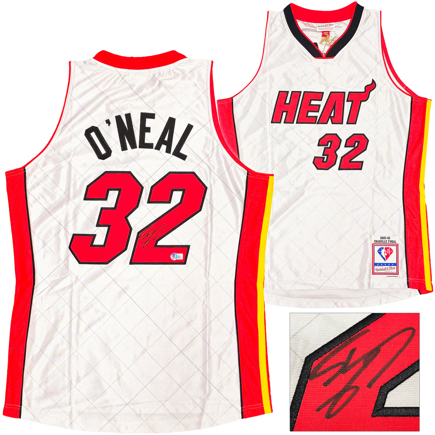 Miami Heat Shaquille Shaq O'Neal Autographed Silver Authentic Mitchell & Ness 2005-06 HWC Swingman NBA 75th Anniversary Platinum Jersey Size L Beckett BAS Witness Stock #235524