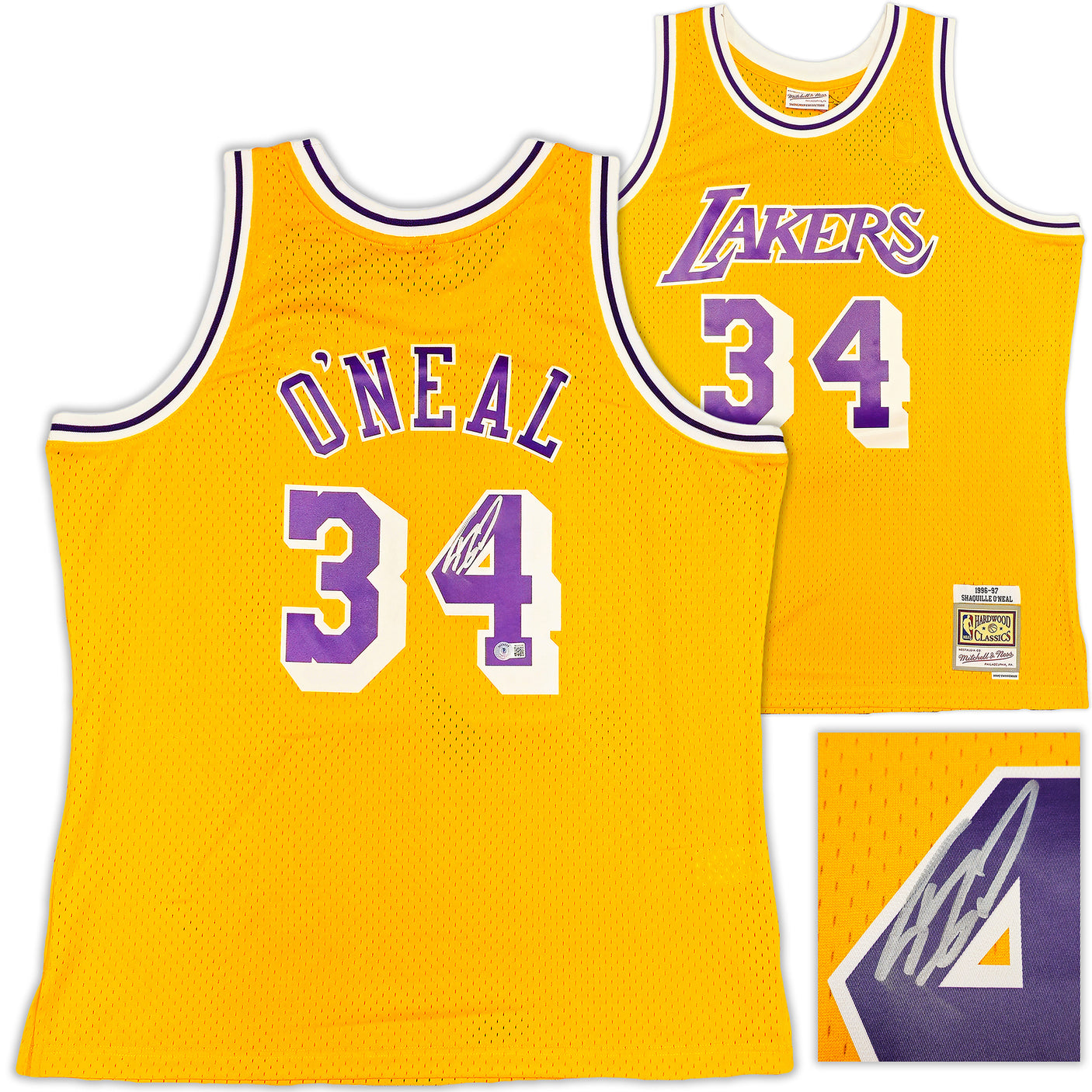 Los Angeles Lakers Shaquille Shaq O'Neal Autographed Yellow Authentic Mitchell & Ness 1996-97 HWC Swingman Jersey Size XL Beckett BAS Witness Stock #235512