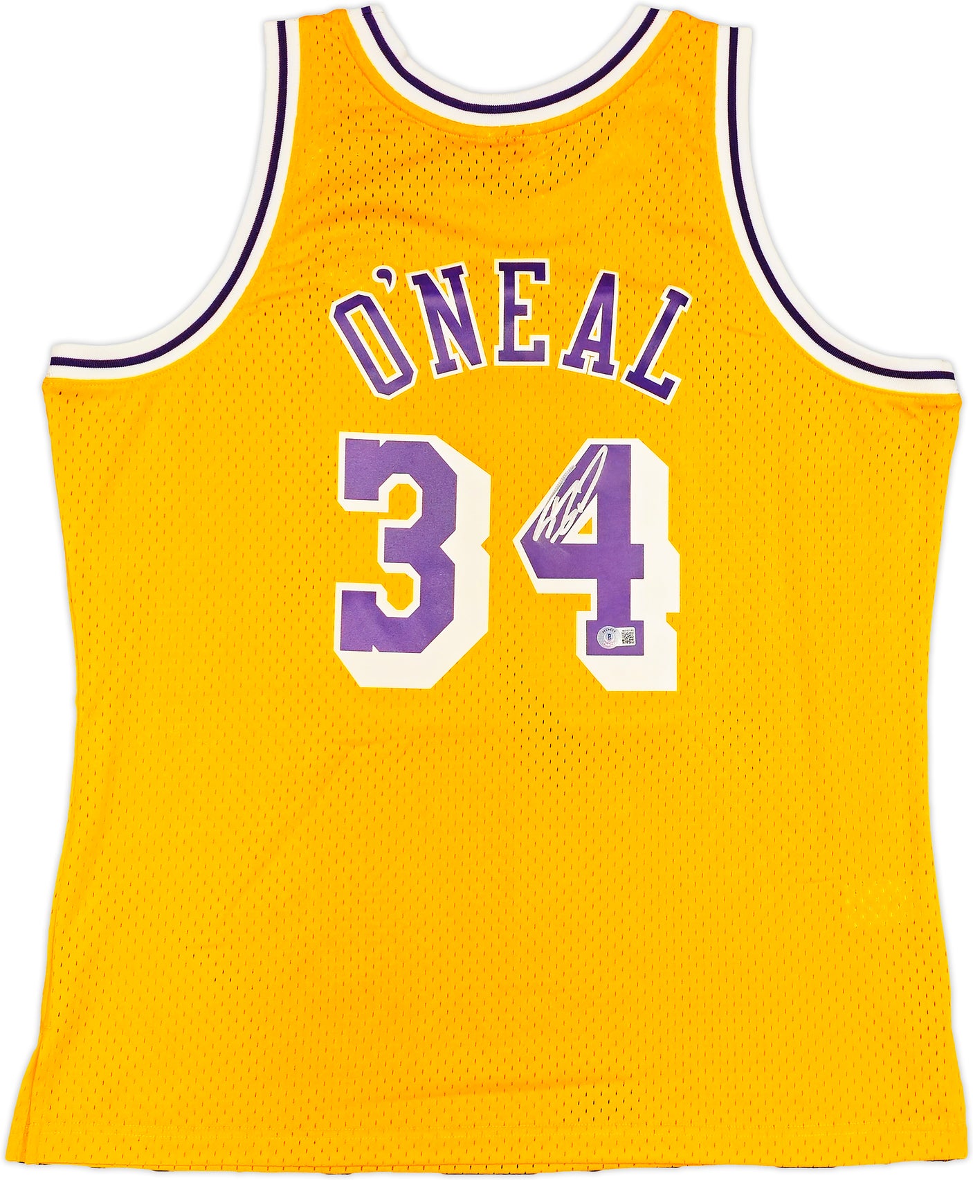 Los Angeles Lakers Shaquille Shaq O'Neal Autographed Yellow Authentic Mitchell & Ness 1996-97 HWC Swingman Jersey Size XL Beckett BAS Witness Stock #235512