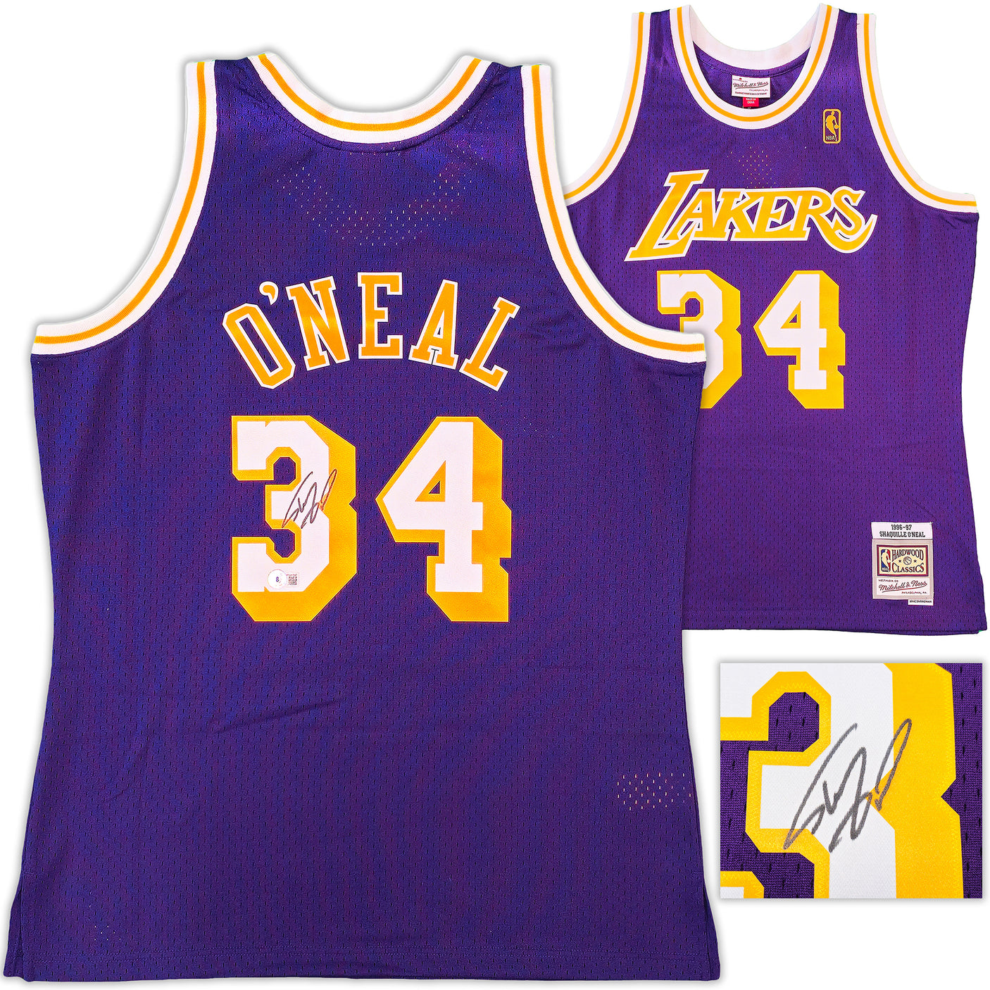 Los Angeles Lakers Shaquille Shaq O'Neal Autographed Purple Authentic Mitchell & Ness 1996-97 HWC Swingman Jersey Size L Beckett BAS Witness Stock #235513