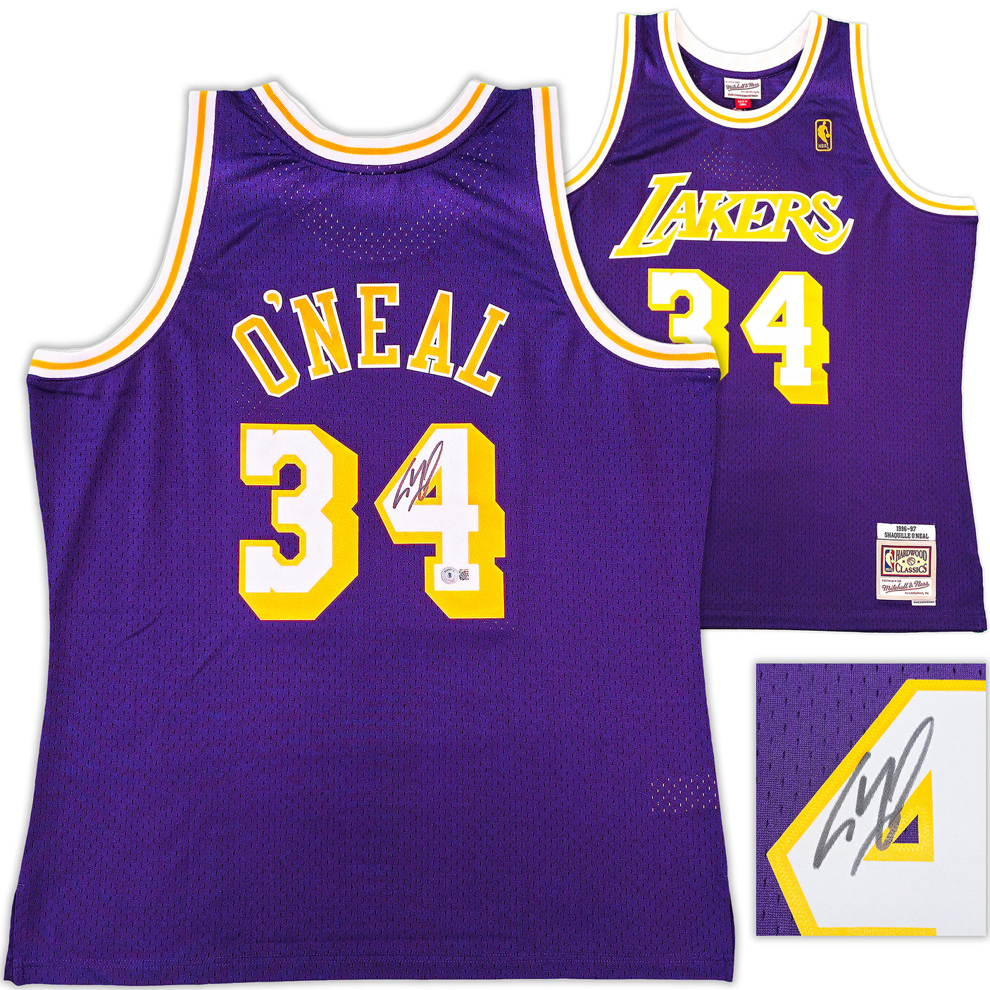Los Angeles Lakers Shaquille Shaq O'Neal Autographed Purple Authentic Mitchell & Ness 1996-97 HWC Swingman Jersey Size XL Beckett BAS Witness Stock #235514