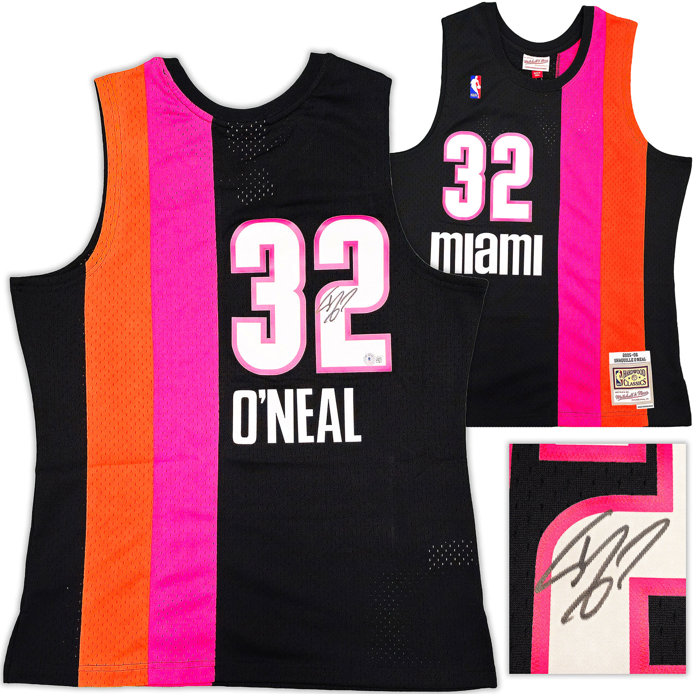 Miami Heat Shaquille Shaq O'Neal Autographed Black Authentic Mitchell & Ness 2005-06 HWC Swingman Jersey Size L Beckett BAS Witness Stock #235523