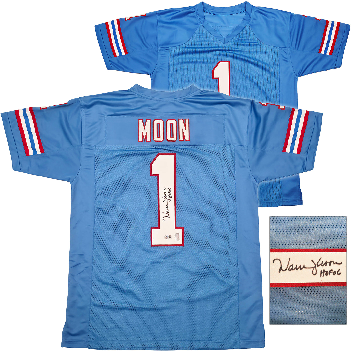 Houston Oilers Warren Moon Autographed Blue Jersey "HOF 06" Beckett BAS QR Stock #253321