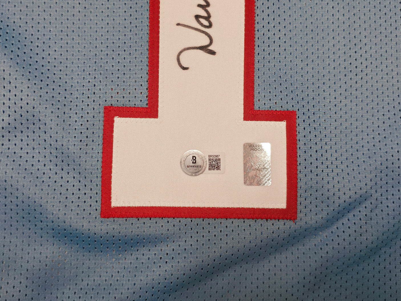 Houston Oilers Warren Moon Autographed Blue Jersey "HOF 06" Beckett BAS QR Stock #253321