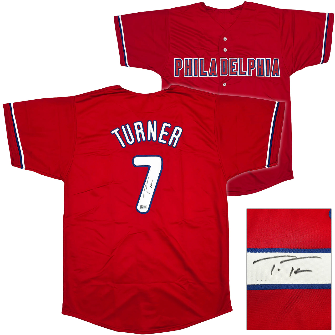 Philadelphia Phillies Trea Turner Autographed Red Jersey Beckett BAS Witness Stock #253488