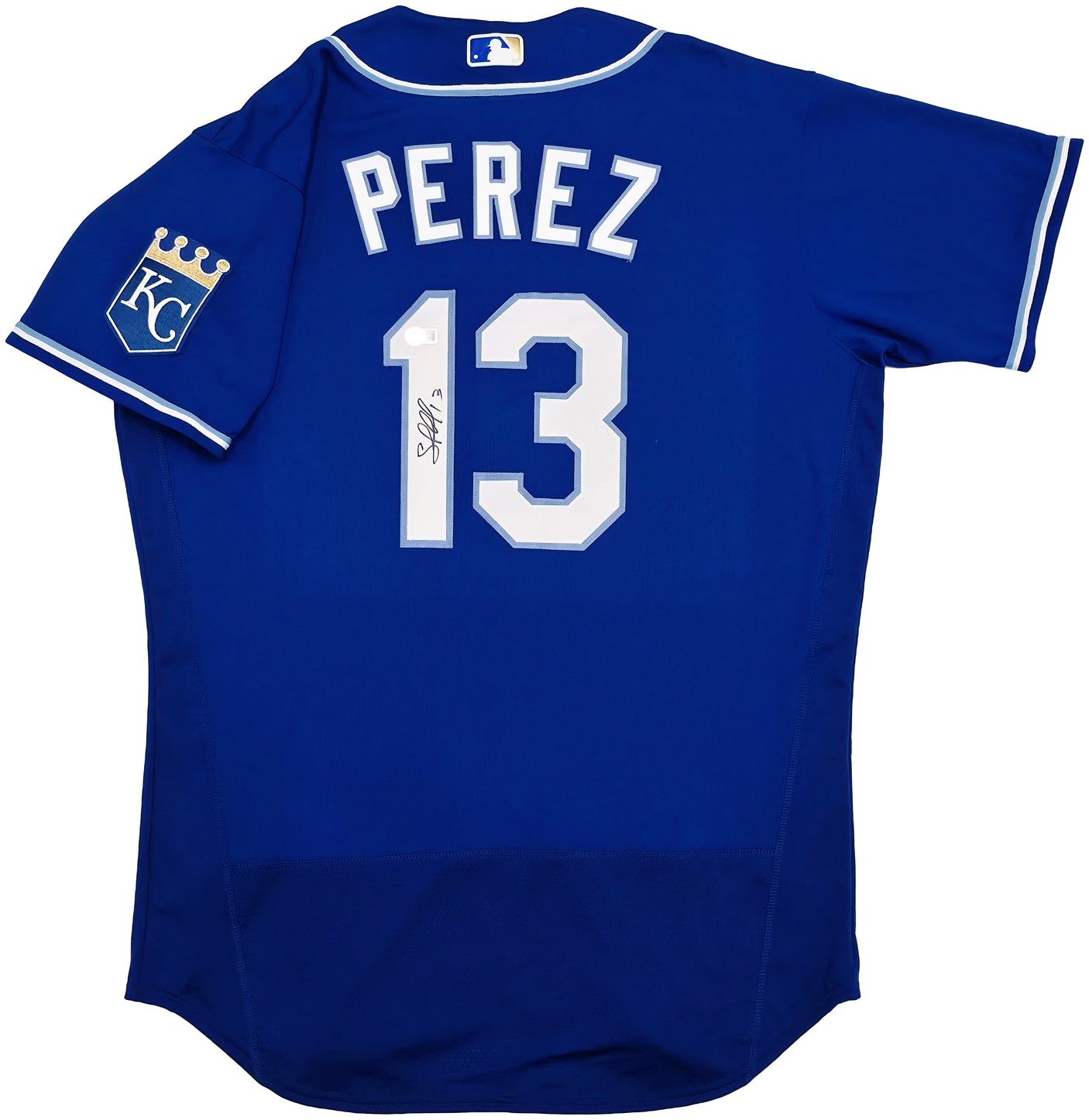 Kansas City Royals Salvador Perez Autographed Blue Nike Authentic Collection Jersey Size 44 Beckett BAS Witness Stock #253491