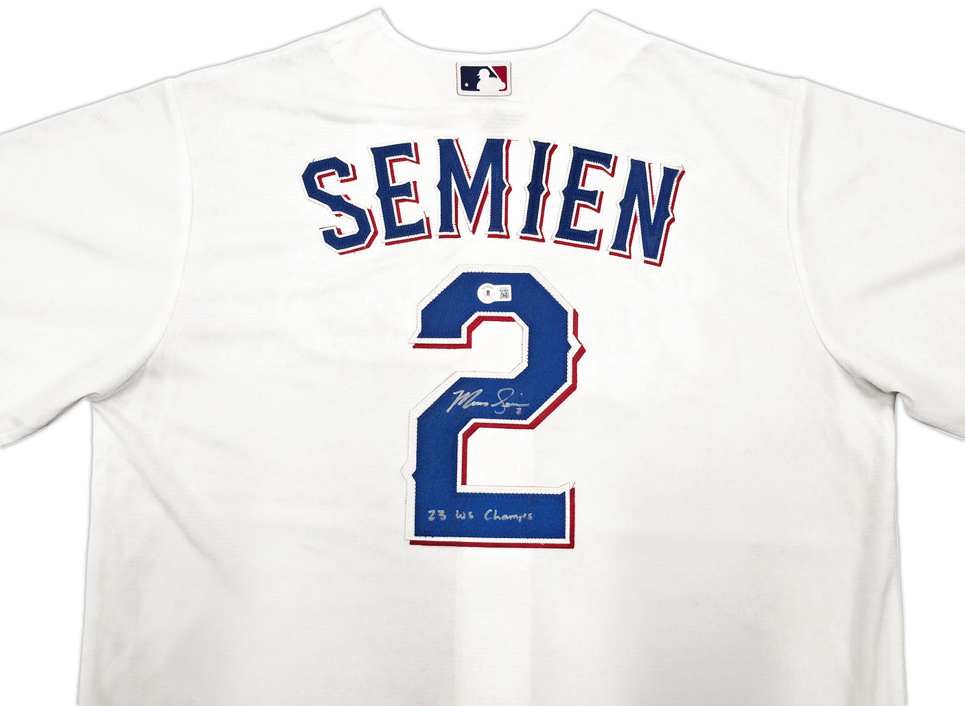 Texas Rangers Marcus Semien Autographed White Nike Jersey Size L "23 WS Champs" Beckett BAS Witness Stock #252433