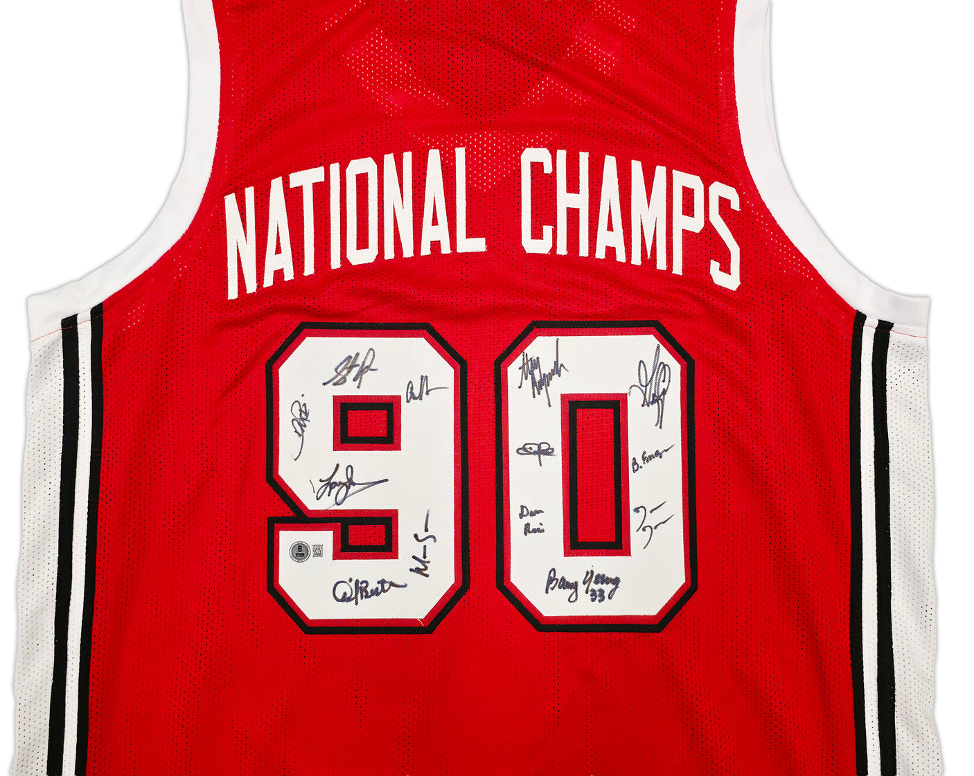 UNLV Runnin Rebels 1990 NCAA Champions Autographed Red Jersey With 13 Signatures Including Larry Johnson Beckett BAS Witness Stock #252797