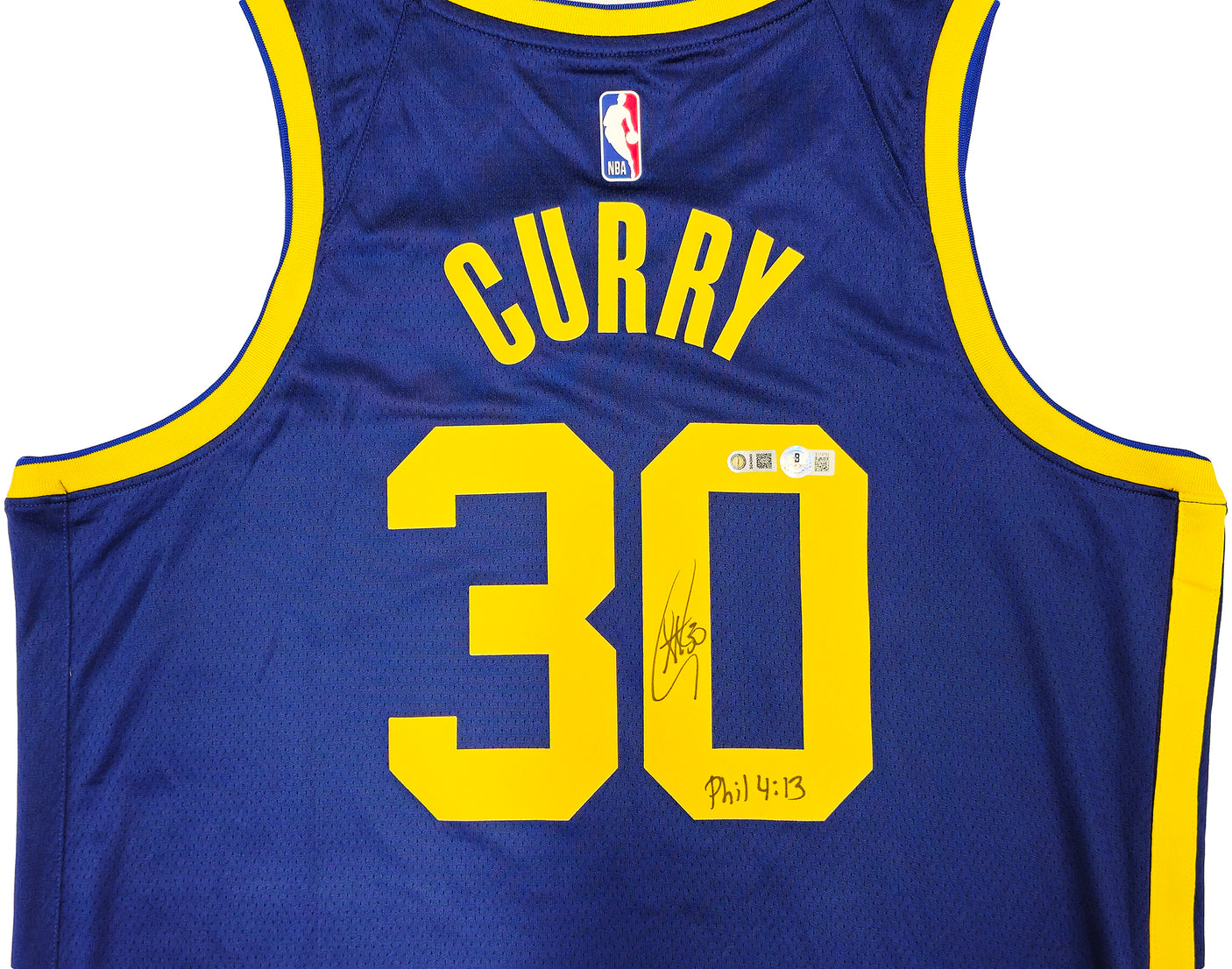 Golden State Warriors Stephen Curry Autographed Blue Nike Jordan Statement Edition Jersey Size 48 "Bible Verse" Beckett BAS QR Stock #234962