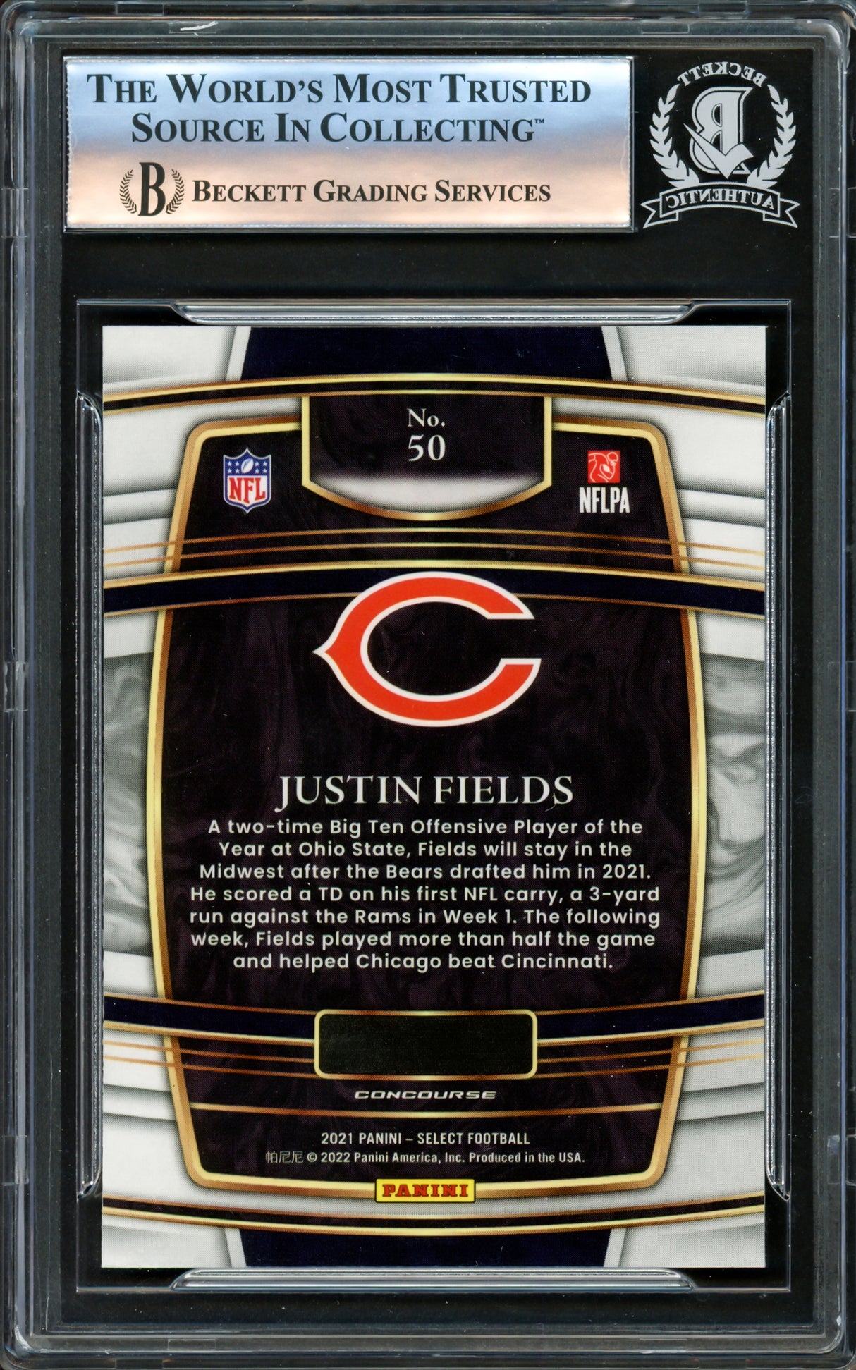 Justin Fields Autographed 2021 Select Rookie Card #50 Chicago Bears Beckett BAS Stock #221179