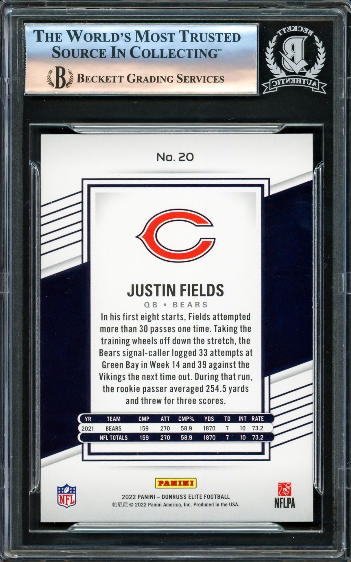 Justin Fields Autographed 2021 Donruss Elite Rookie Card #3 Chicago Bears Beckett BAS Stock #221181