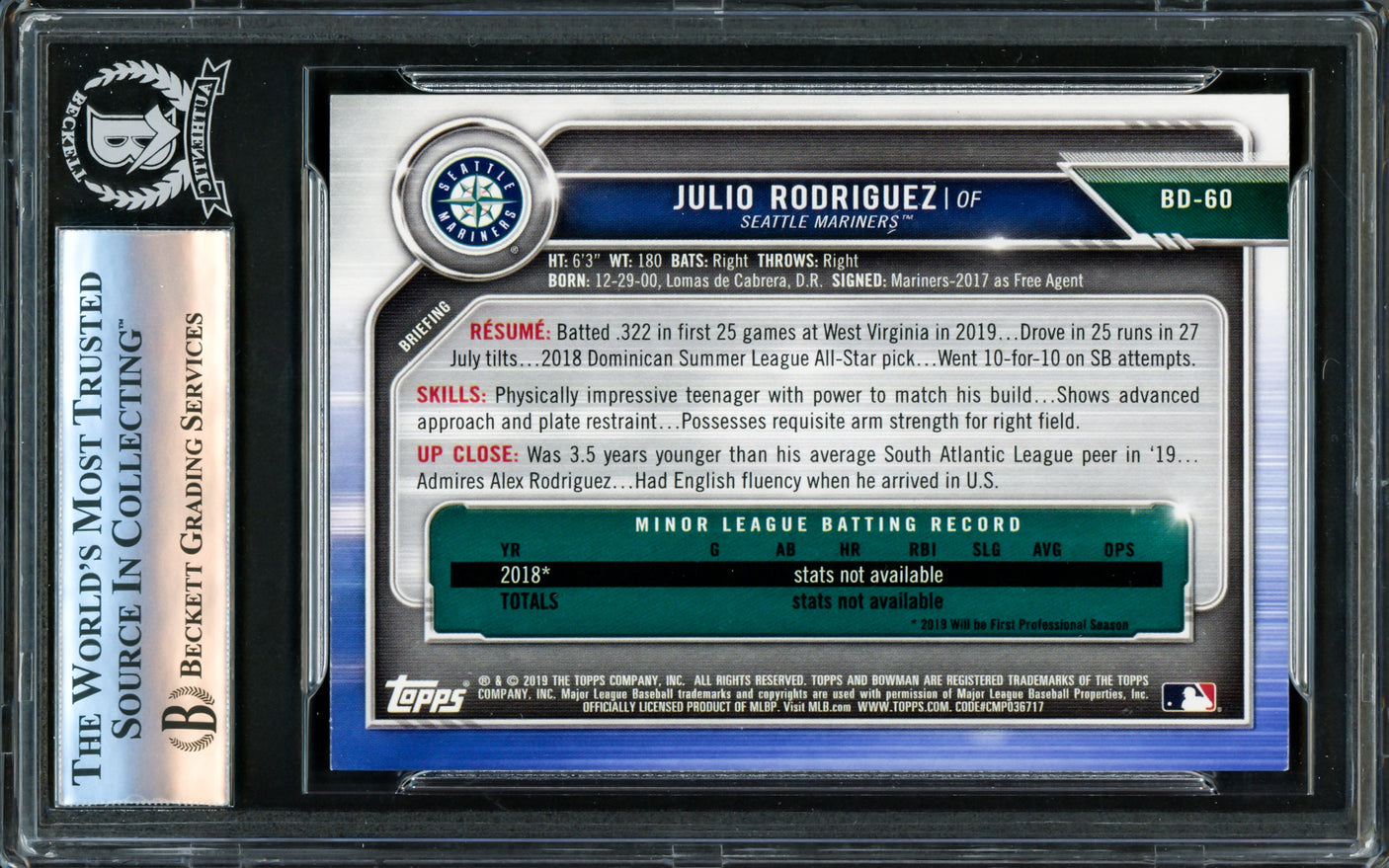 Julio Rodriguez Autographed 2019 Bowman Draft Rookie Card #BD60 Seattle Mariners Beckett BAS Stock #221209