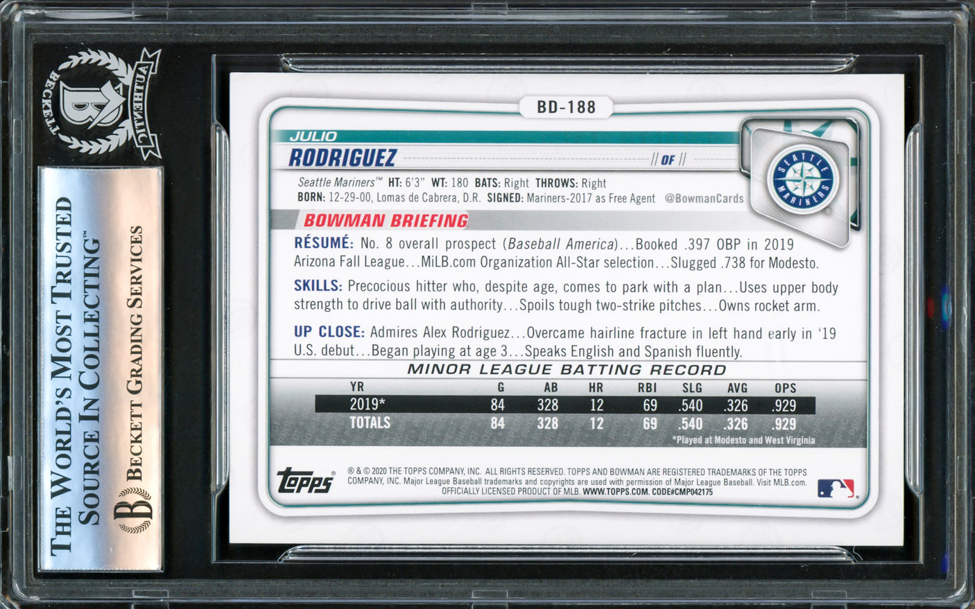 Julio Rodriguez Autographed 2020 Bowman Draft Rookie Card #BD188 Seattle Mariners Beckett BAS Stock #221210