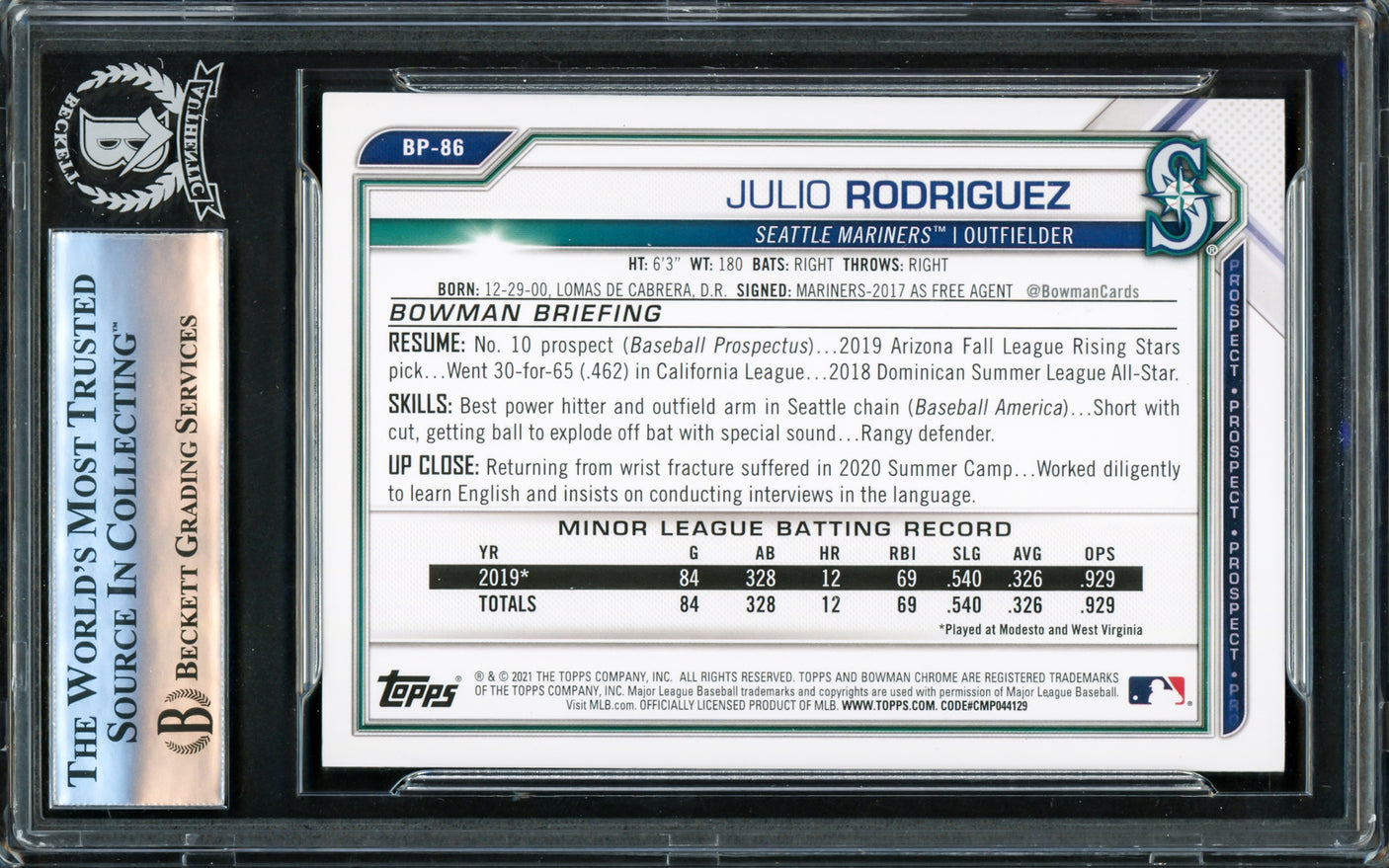 Julio Rodriguez Autographed 2021 Bowman Prospects Rookie Card #BP86 Seattle Mariners Beckett BAS Stock #221212