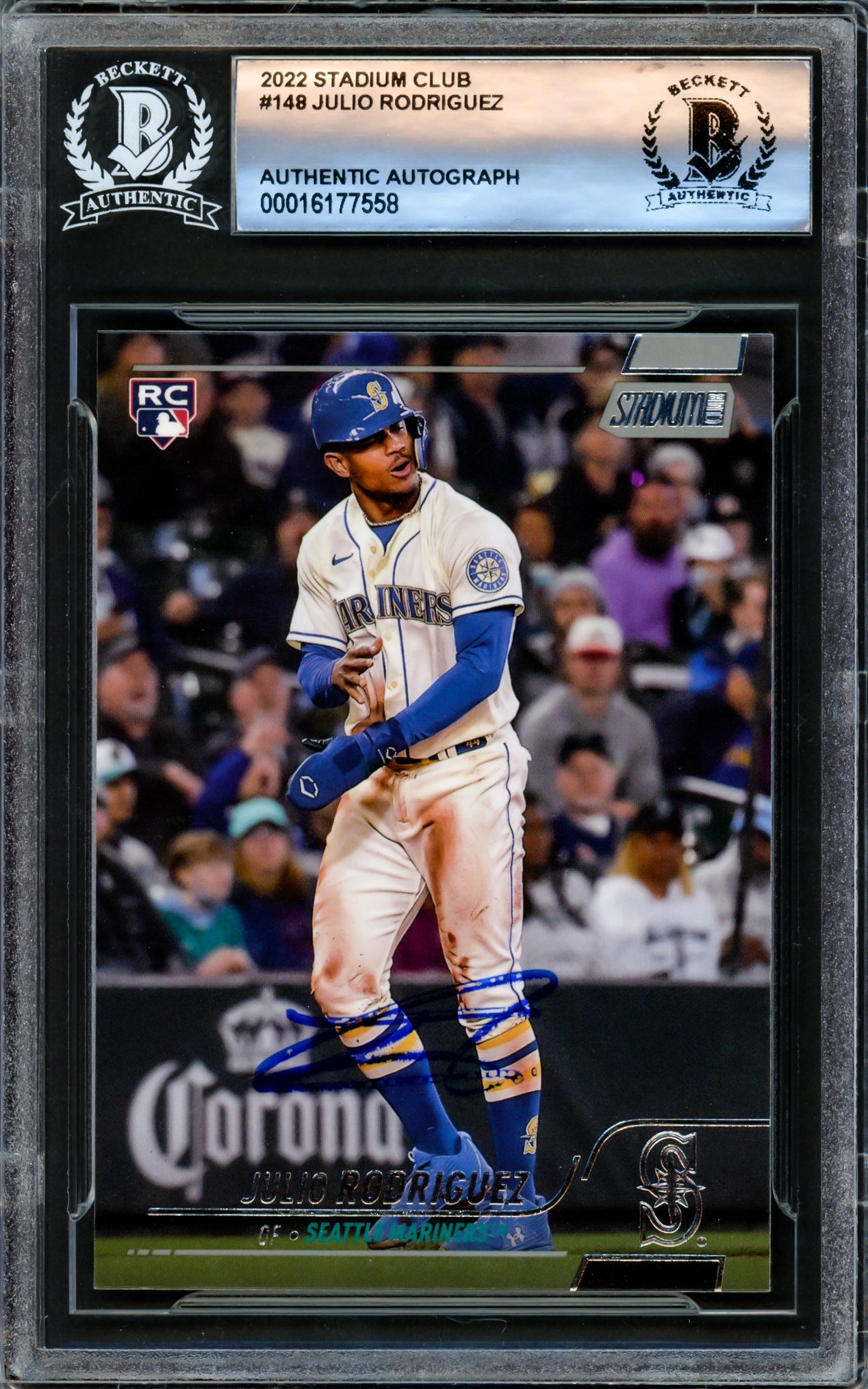 Julio Rodriguez Autographed 2022 Stadium Club Rookie Card #148 Seattle Mariners Beckett BAS Stock #221213