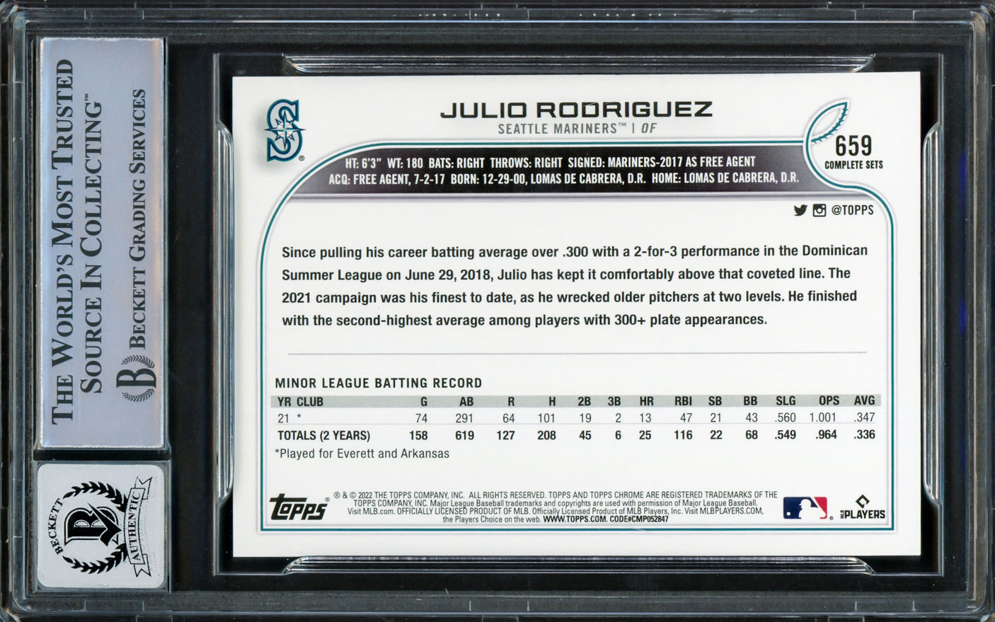 Julio Rodriguez Autographed 2022 Topps Complete Base Set Photo Variations Rookie Card #659 Seattle Mariners Auto Grade Gem Mint 10 Beckett BAS Stock #221312