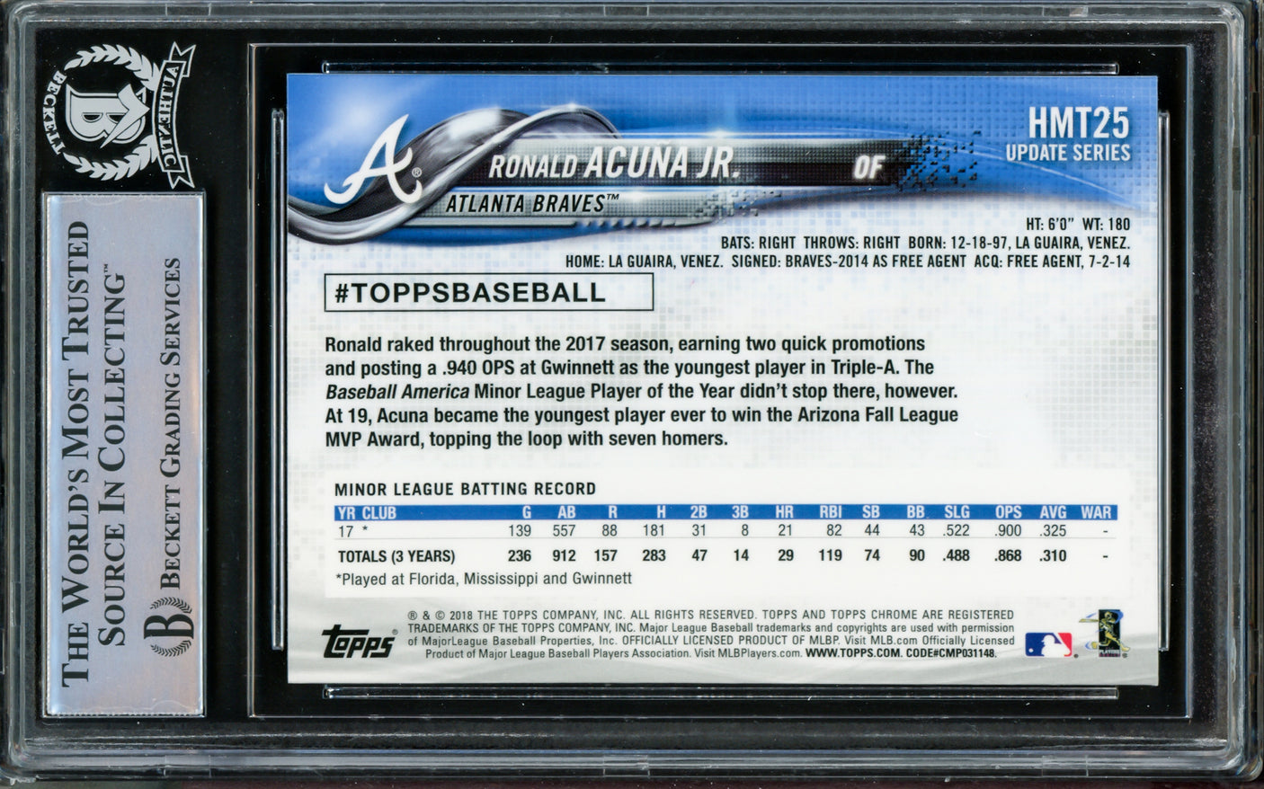 Ronald Acuna Jr. Autographed 2018 Topps Chrome Update Rookie Card #HMT25 Atlanta Braves Beckett BAS #14612557