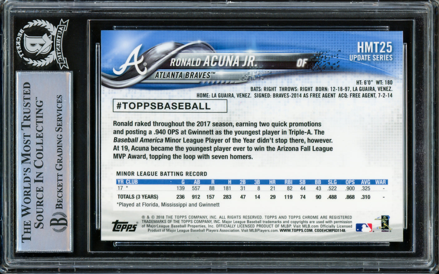 Ronald Acuna Jr. Autographed 2018 Topps Chrome Update Rookie Card #HMT25 Atlanta Braves Beckett BAS #14612558