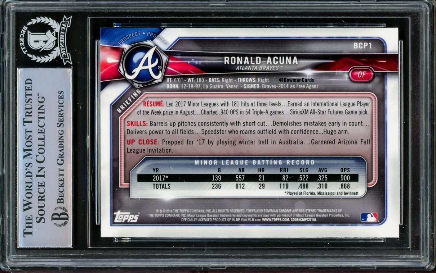 Ronald Acuna Jr. Autographed 2018 Bowman Chrome Prospects Card #BCP1 Atlanta Braves Beckett BAS #14612566