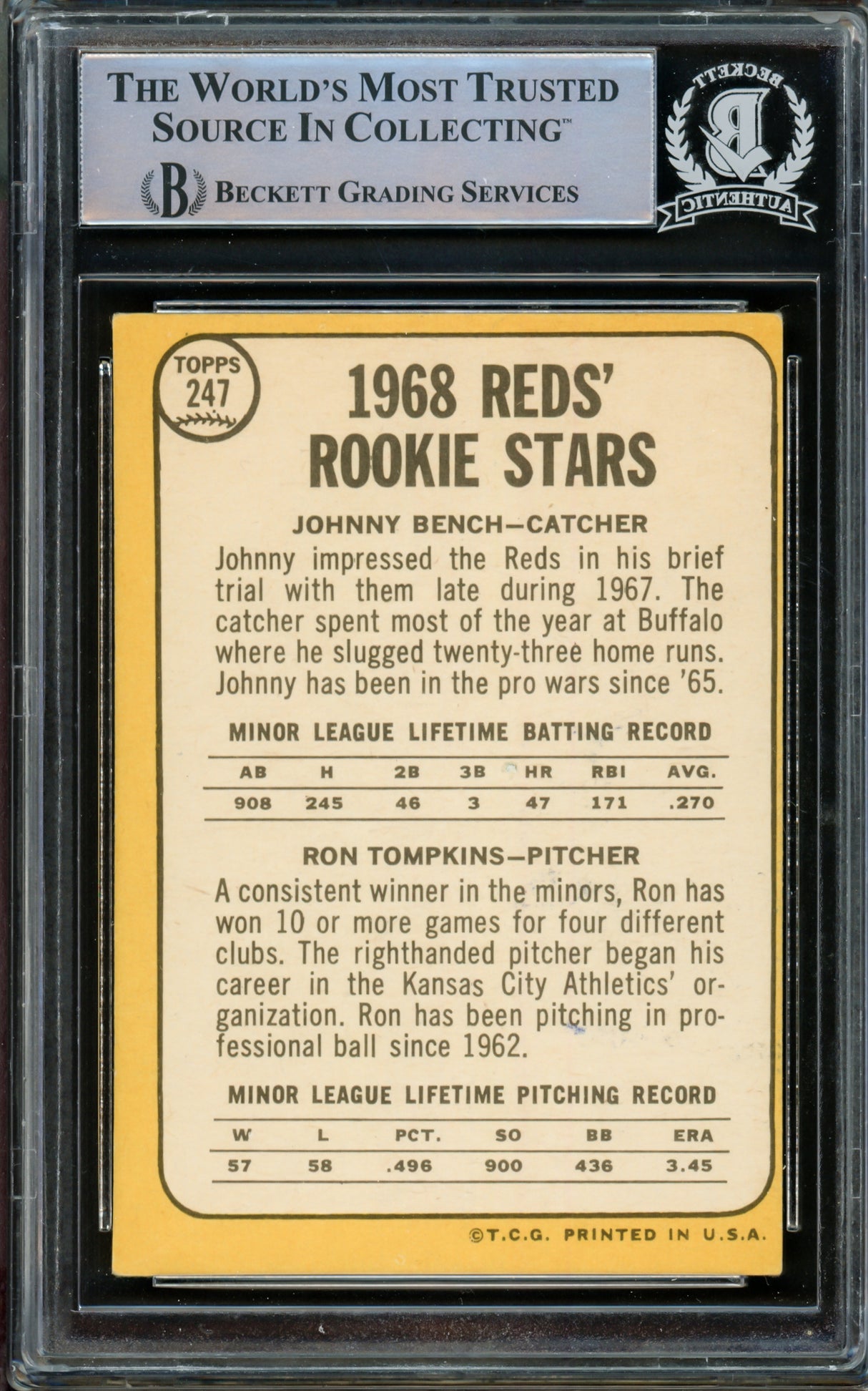 Johnny Bench Autographed 1968 Topps Rookie Card #247 Cincinnati Reds Beckett BAS #14862532