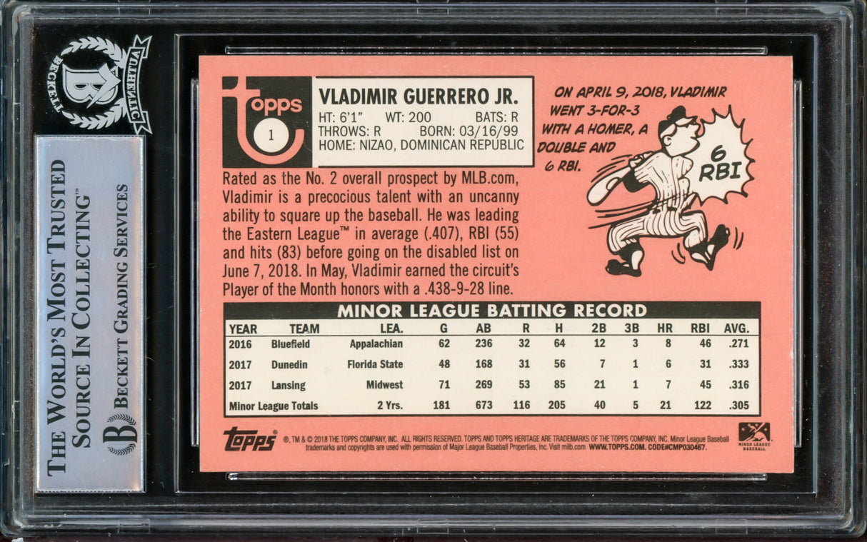 Vladimir Guerrero Jr. Autographed 2018 Topps Heritage Minor League Rookie Card #1 Toronto Blue Jays Beckett BAS #14866206