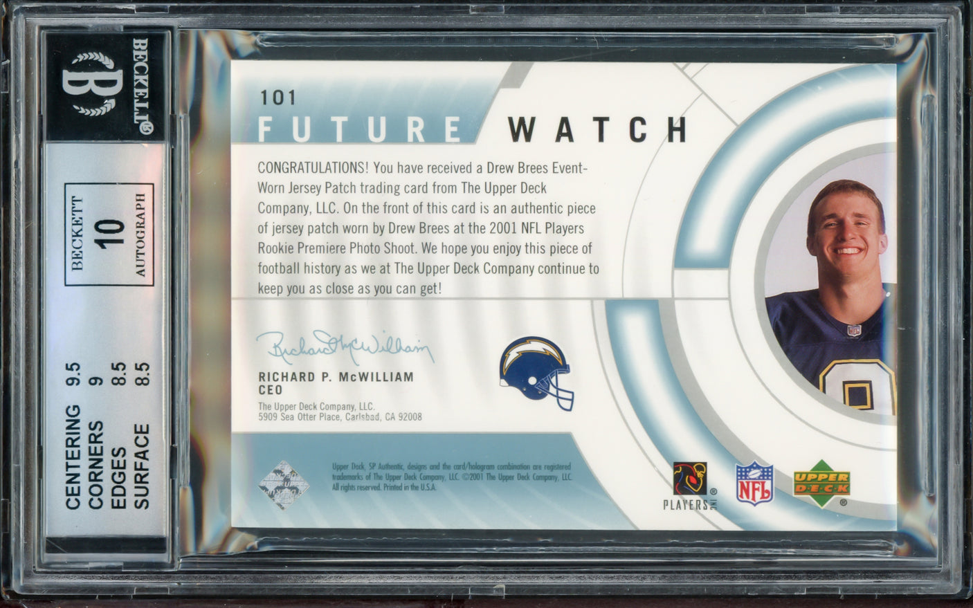 Drew Brees Autographed 2001 Upper Deck SP Authentic Rookie Card New Orleans Saints BGS 8.5 Auto Grade Gem Mint 10 Event Worn Patch Beckett BAS #14323832