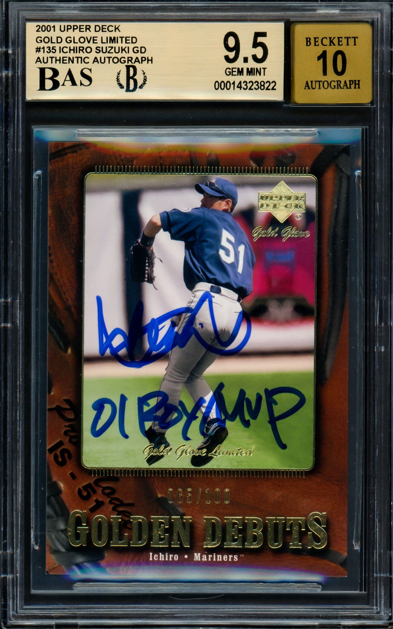 Ichiro Suzuki Autographed 2001 Upper Deck Gold Glove Limited Rookie Card #135 Seattle Mariners BGS 9.5 Auto Grade Gem Mint 10 "01 ROY/MVP" #65/100 Beckett BAS #14323822
