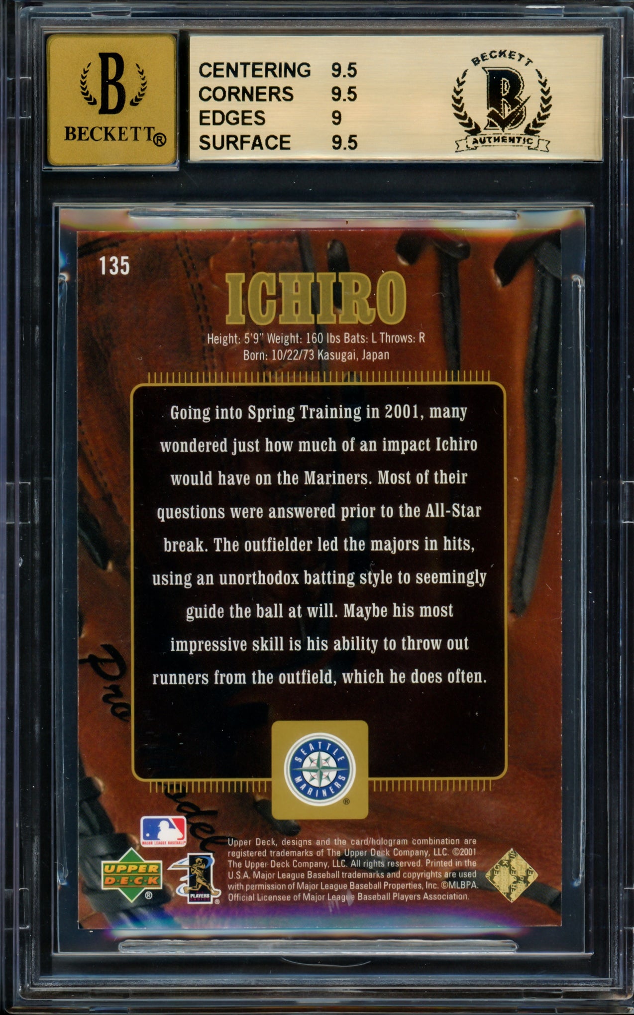 Ichiro Suzuki Autographed 2001 Upper Deck Gold Glove Limited Rookie Card #135 Seattle Mariners BGS 9.5 Auto Grade Gem Mint 10 "01 ROY/MVP" #65/100 Beckett BAS #14323822