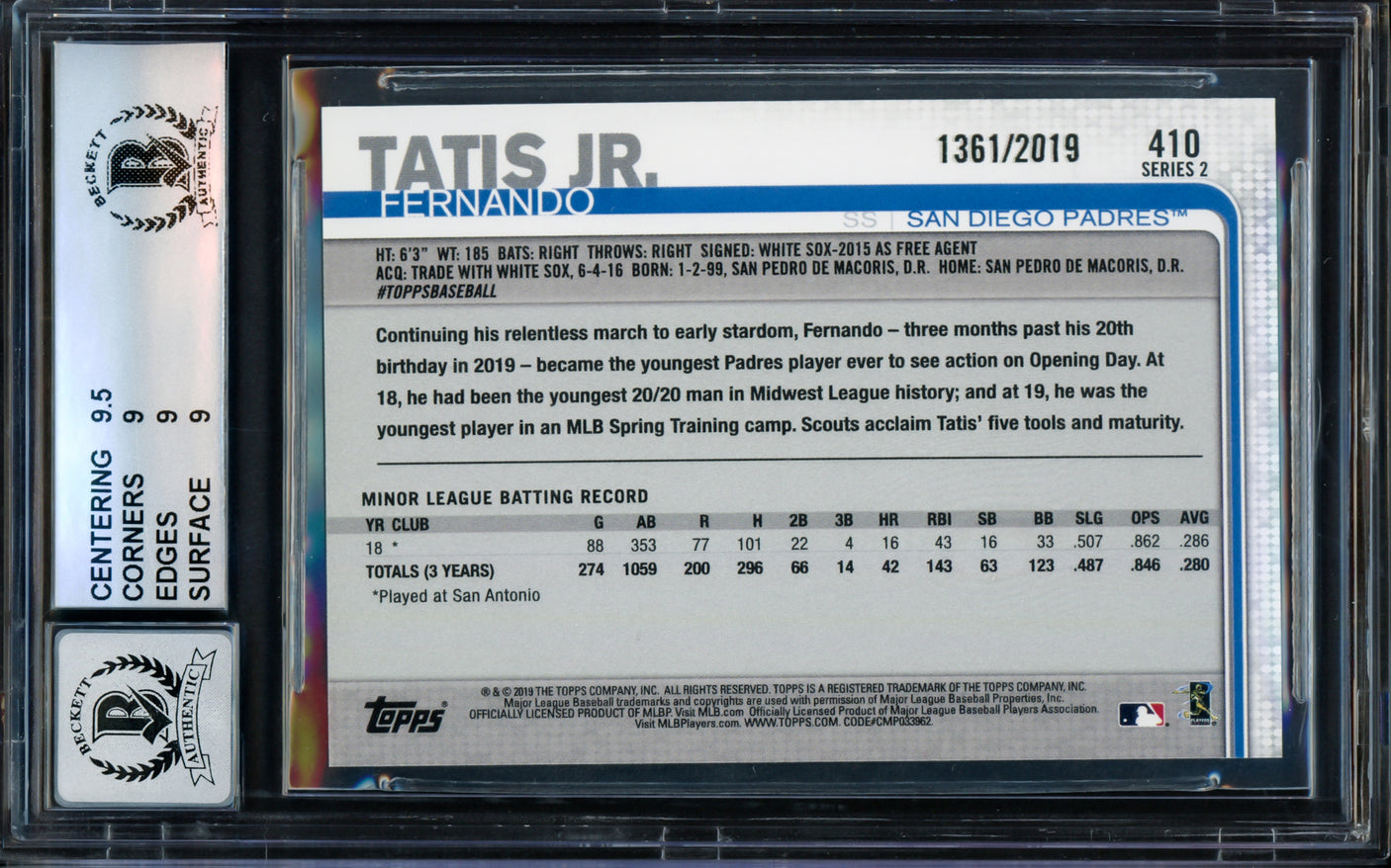 Fernando Tatis Jr. Autographed 2019 Topps Gold Rookie Card #410 San Diego Padres BGS 9 Auto Grade Gem Mint 10 Beckett BAS #14323870