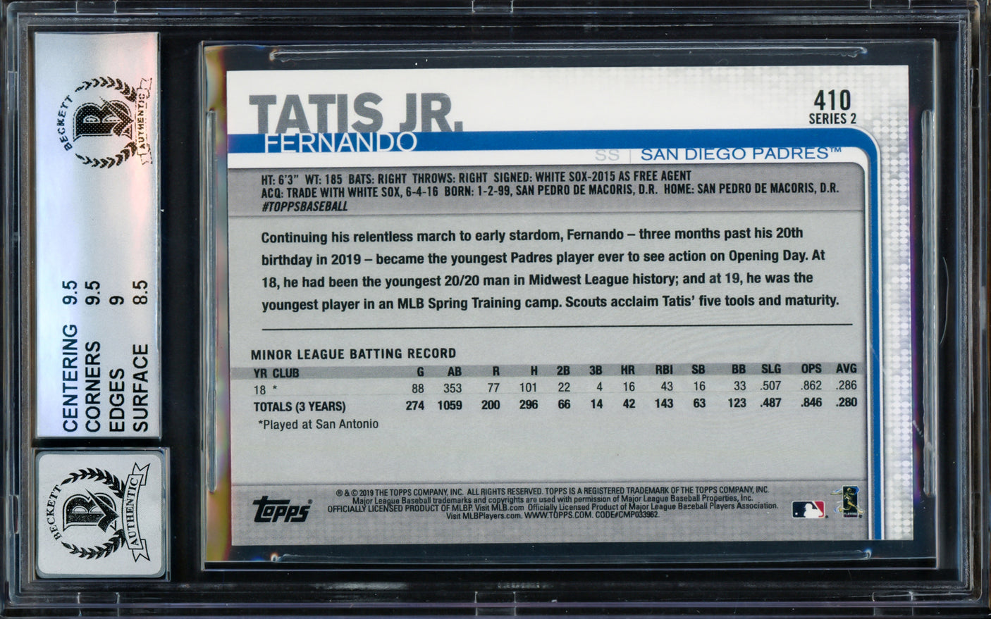 Fernando Tatis Jr. Autographed 2019 Topps Rainbow Foil Rookie Card #410 San Diego Padres BGS 9 Auto Grade Gem Mint 10 Beckett BAS #14323867