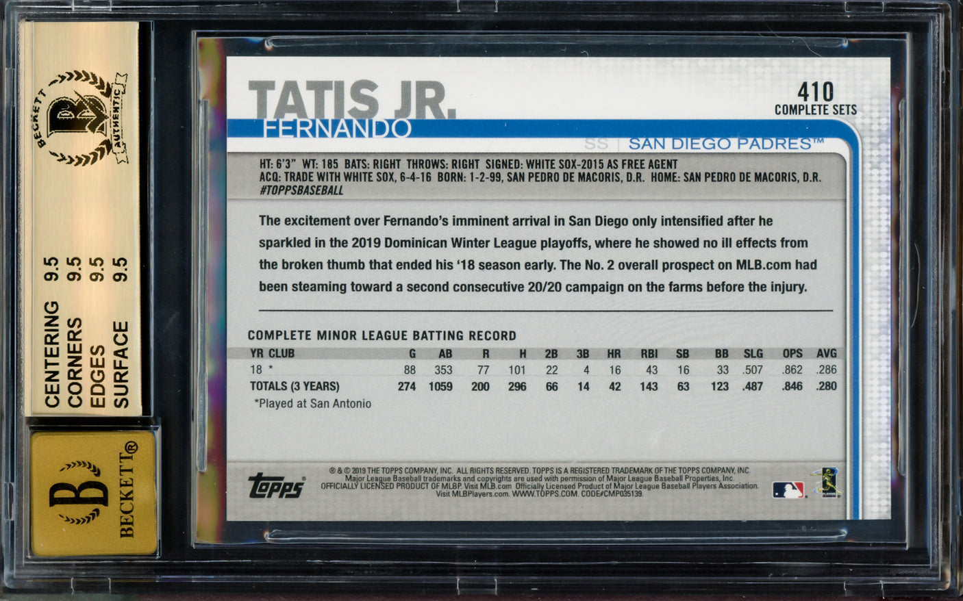 Fernando Tatis Jr. Autographed 2019 Topps Base Set Photo Variations Rookie Card #410 San Diego Padres BGS 9.5 Auto Grade Gem Mint 10 Beckett BAS #14323873