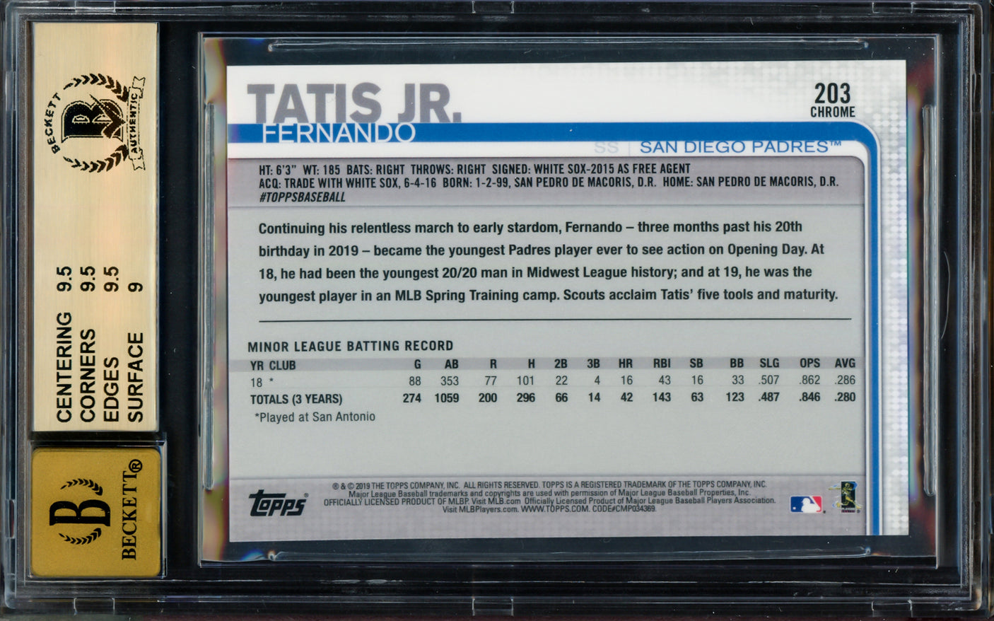 Fernando Tatis Jr. Autographed 2019 Topps Chrome Rookie Card #203 San Diego Padres BGS 9.5 Auto Grade Gem Mint 10 Beckett BAS #14323868