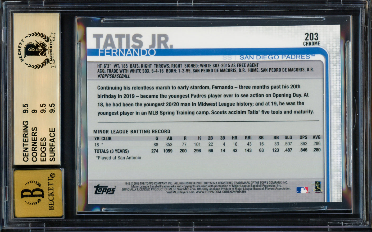 Fernando Tatis Jr. Autographed 2019 Topps Chrome Rookie Card #203 San Diego Padres BGS 9.5 Auto Grade Gem Mint 10 Beckett BAS #14323906