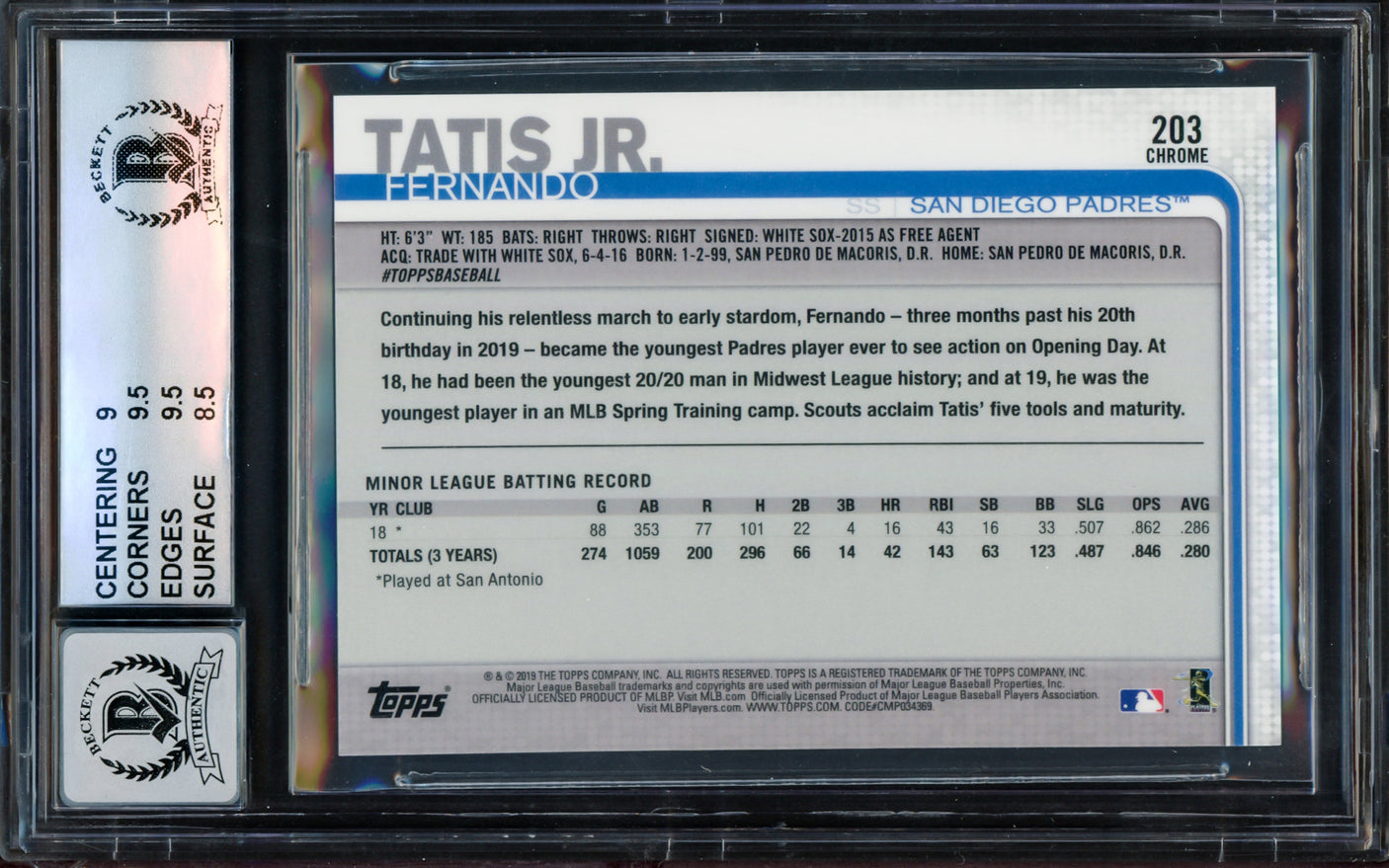 Fernando Tatis Jr. Autographed 2019 Topps Chrome Rookie Card #203 San Diego Padres BGS 9 Auto Grade Gem Mint 10 Beckett BAS #14323907