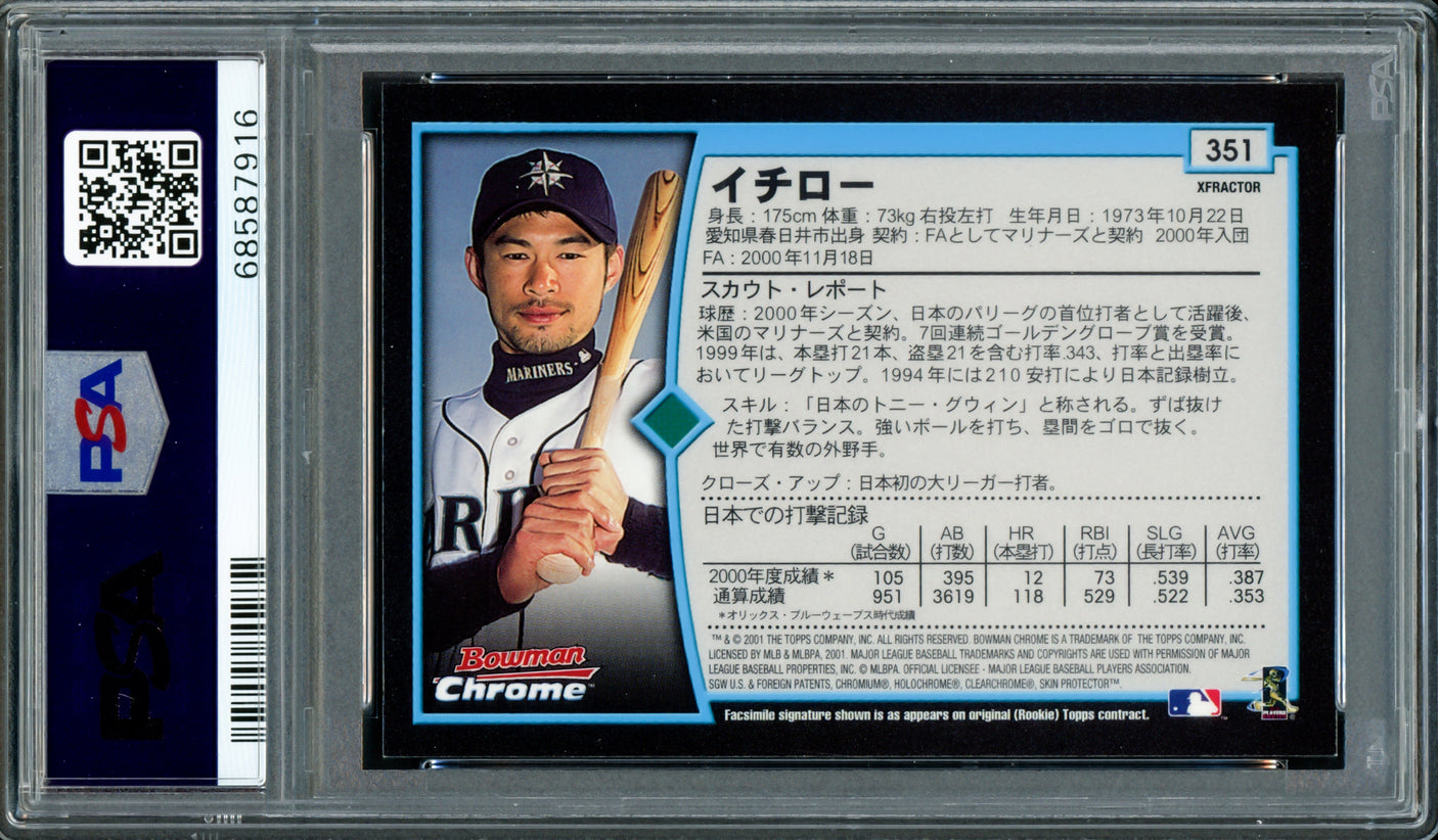 Ichiro Suzuki Autographed 2001 Bowman Chrome XFractor Japanese Rookie Card #351 Seattle Mariners PSA 9 Auto Grade Gem Mint 10 "01 ROY/MVP" Highest Graded Pop 1 PSA/DNA #68587916