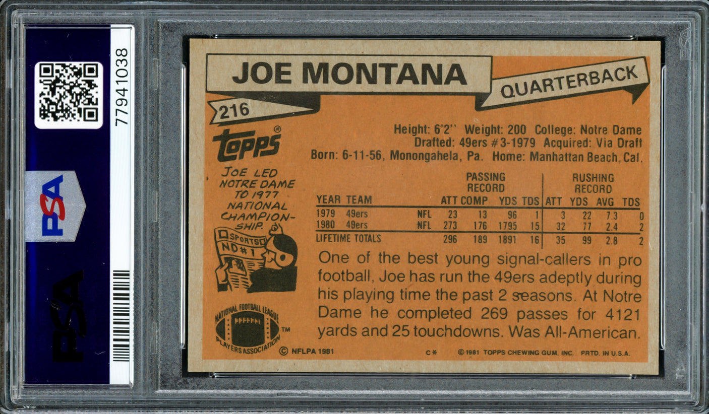 Joe Montana Autographed 1981 Topps Rookie Card #216 San Francisco 49ers PSA 5 Auto Grade Mint 9 PSA/DNA #77941038