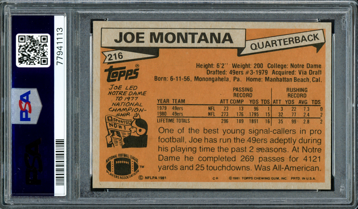Joe Montana Autographed 1981 Topps Rookie Card #216 San Francisco 49ers PSA 5 Auto Grade Mint 9 PSA/DNA #77941113