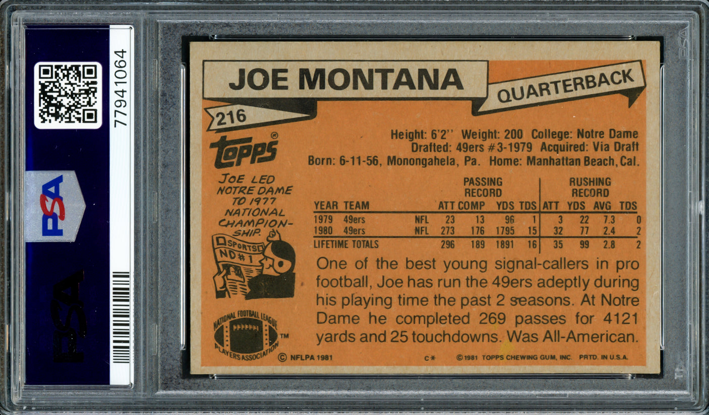Joe Montana Autographed 1981 Topps Rookie Card #216 San Francisco 49ers PSA 4 Auto Grade Mint 9 PSA/DNA #77941064