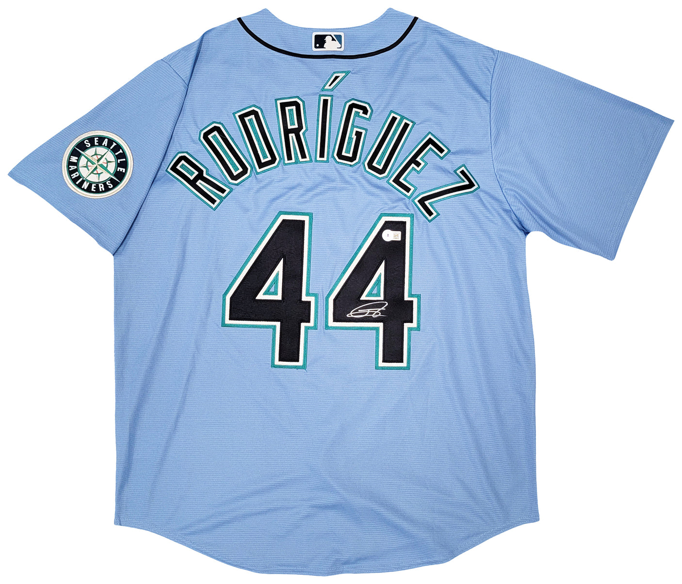 Seattle Mariners Julio Rodriguez Autographed Light Blue Nike Spring Training Jersey Size L Beckett BAS Witness Stock #210098