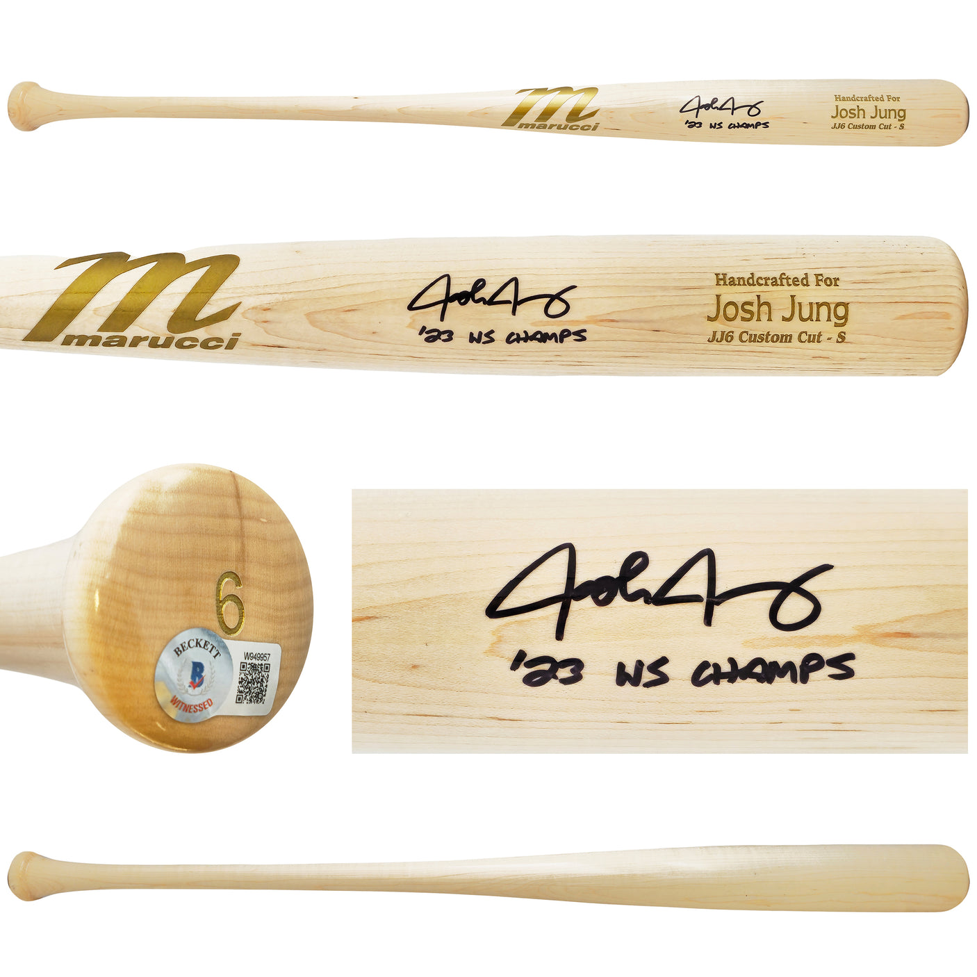 Josh Jung Autographed Blonde Marucci Player Model Bat Texas Rangers "23 WS Champs" Beckett BAS Witness Stock #221361