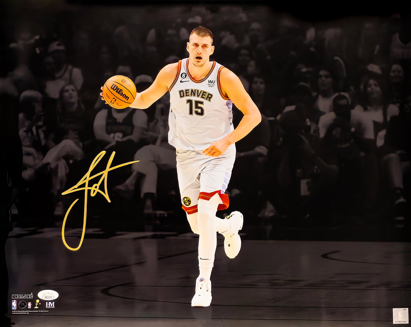 Nikola Jokic Autographed 16x20 Photo Denver Nuggets 2023 NBA Finals Spotlight JSA Stock #221508
