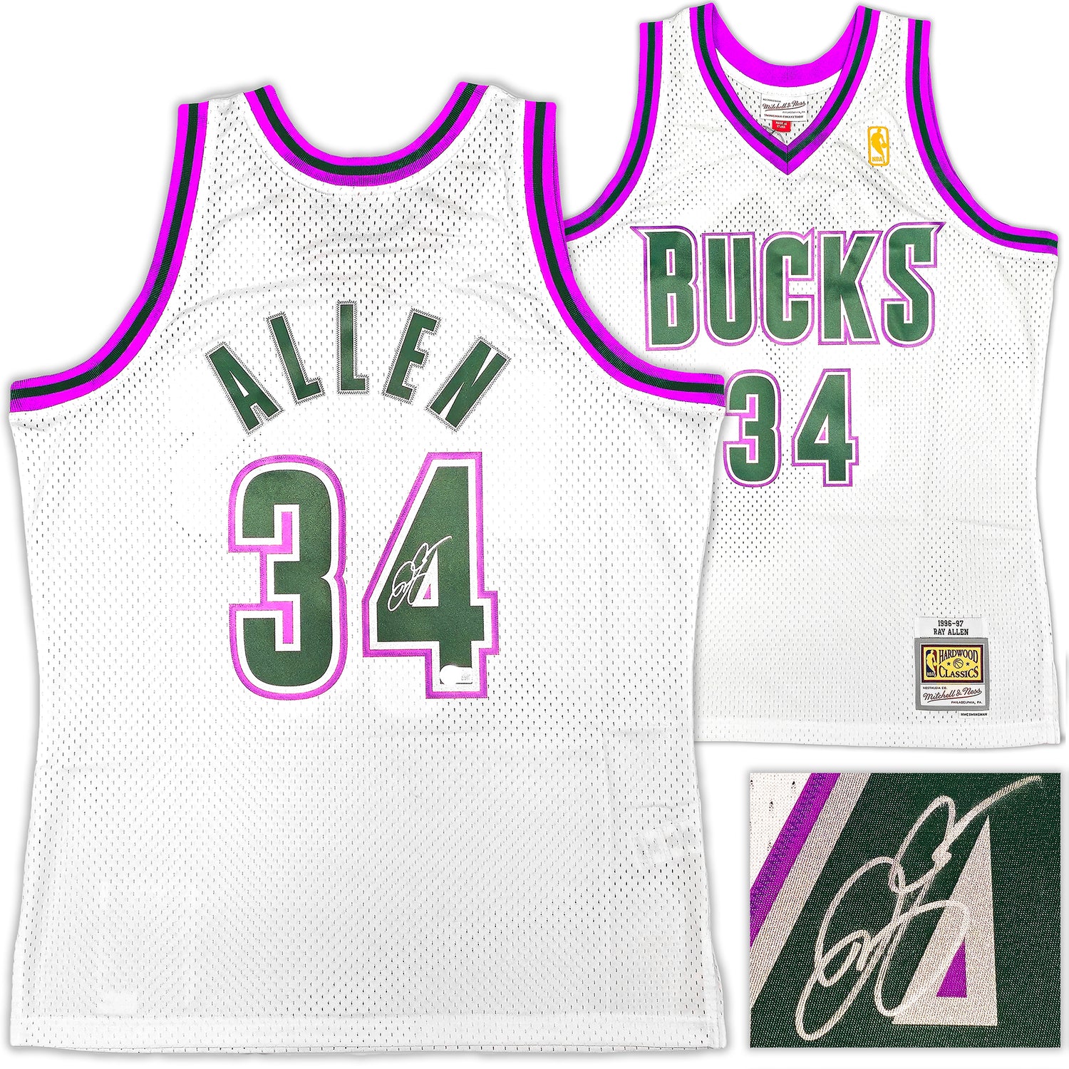 Milwaukee Bucks Ray Allen Autographed White Authentic Mitchell & Ness 1996-97 Ray Allen HWC Swingman Jersey Size L Beckett BAS Witness Stock #221293
