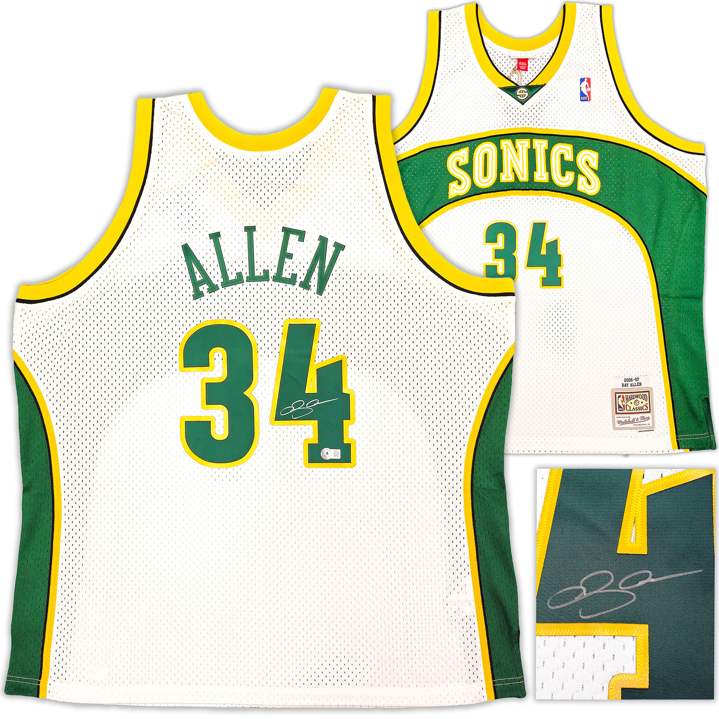 Seattle Sonics Ray Allen Autographed White Authentic Mitchell & Ness 2006-07 Ray Allen HWC Swingman Jersey Size XXL Beckett BAS Witness Stock #221296