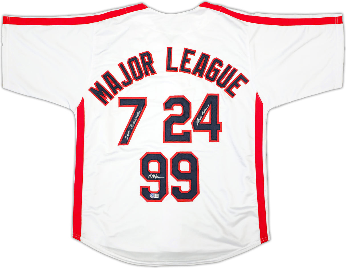 Major League Charlie Sheen, Corbin Bernsen & Tom Berenger Autographed White Jersey Beckett BAS Witness Stock #221309
