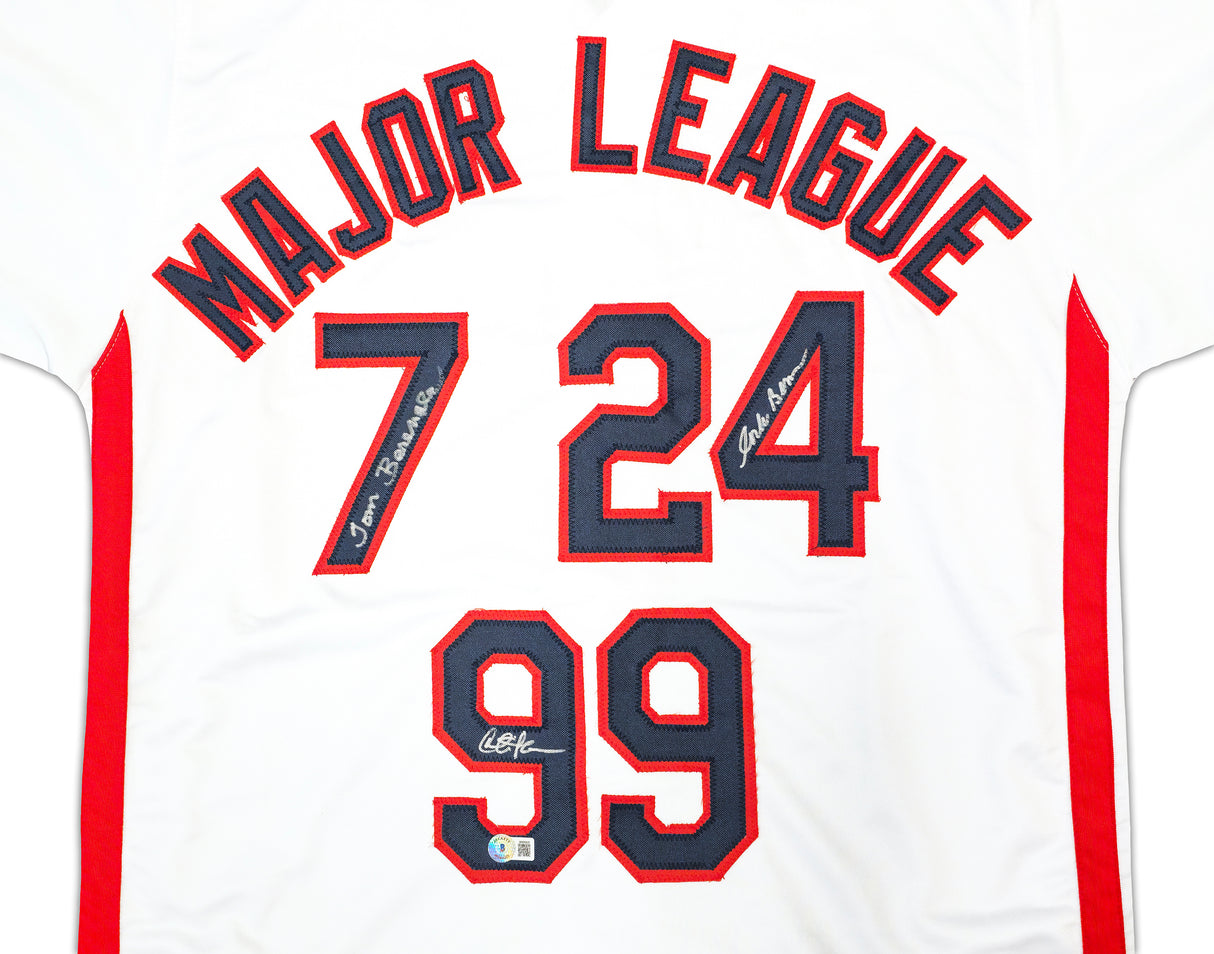 Major League Charlie Sheen, Corbin Bernsen & Tom Berenger Autographed White Jersey Beckett BAS Witness Stock #221309