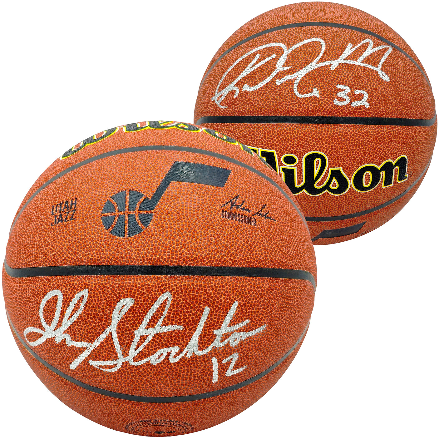 John Stockton & Karl Malone Autographed Composite Leather Utah Jazz Logo Basketball Beckett BAS Witness Stock #235782