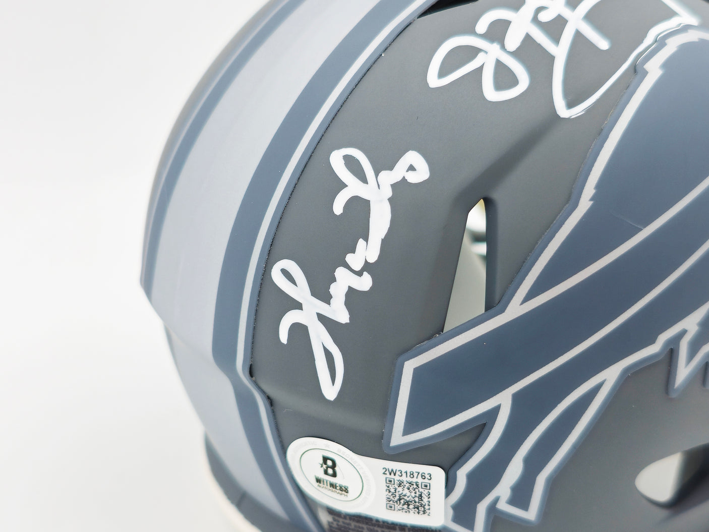 Jim Kelly, Thurman Thomas & Andre Reed Autographed Buffalo Bills Team Greats Slate Gray Speed Mini Helmet Beckett BAS Witness Stock #236173