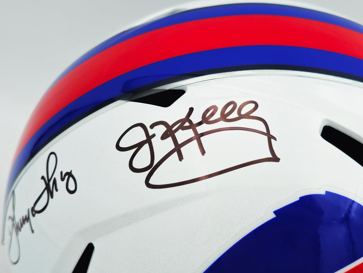 Jim Kelly, Thurman Thomas & Andre Reed Autographed Buffalo Bills Team Greats White Full Size Speed Replica Helmet Beckett BAS Witness Stock #236171