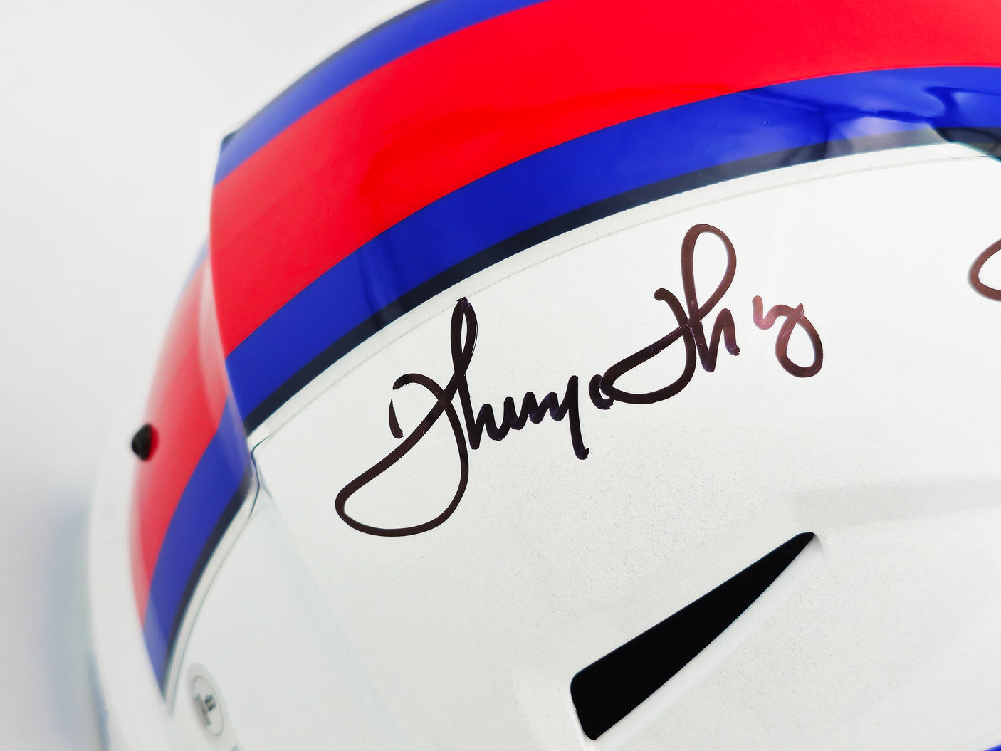 Jim Kelly, Thurman Thomas & Andre Reed Autographed Buffalo Bills Team Greats White Full Size Speed Replica Helmet Beckett BAS Witness Stock #236171